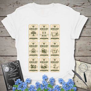 Genealogy Vintage Label Grid T-Shirt in White by Genealogy Keepsakes