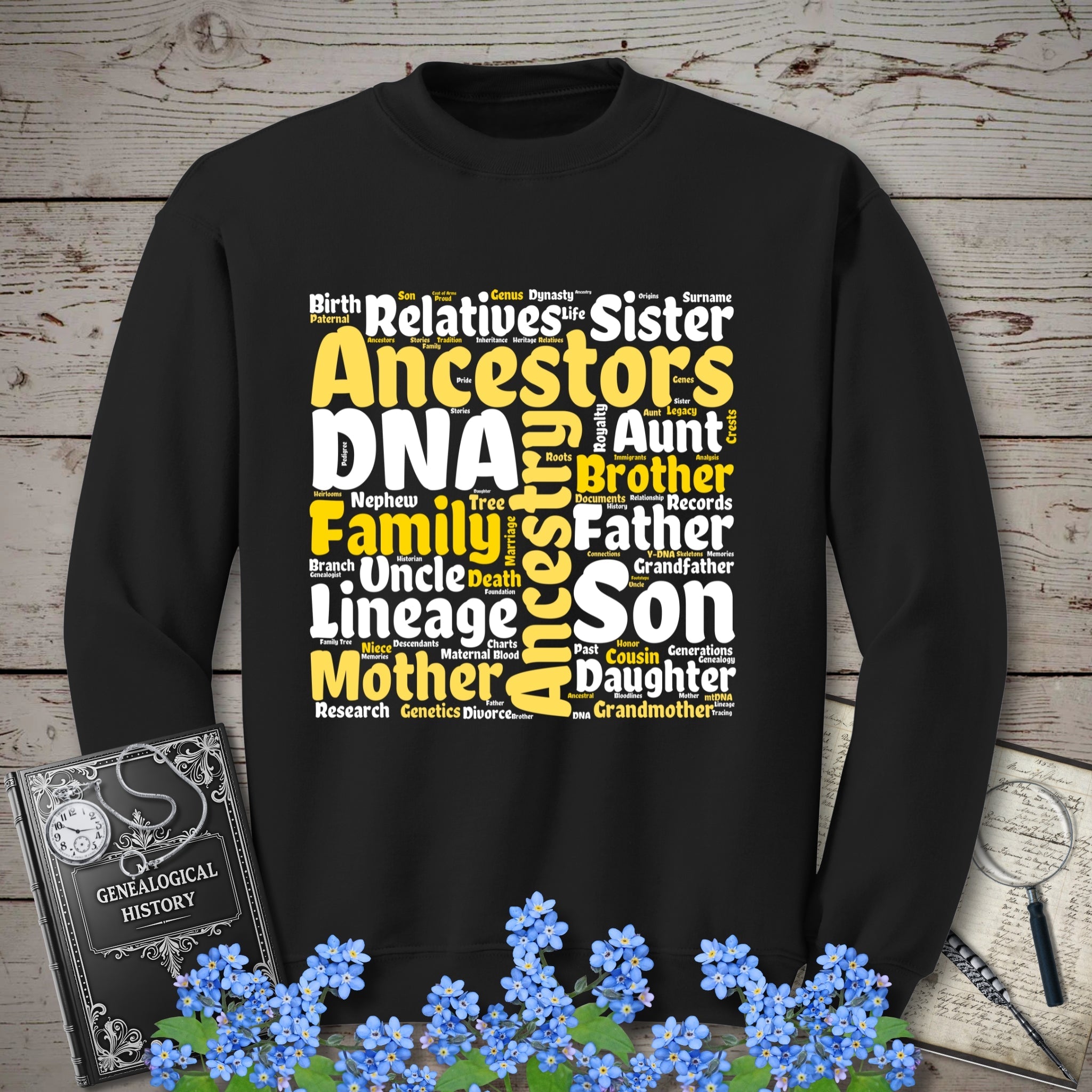 Genealogy Word Cloud Sweatshirt in Black by Genealogy Keepsakes