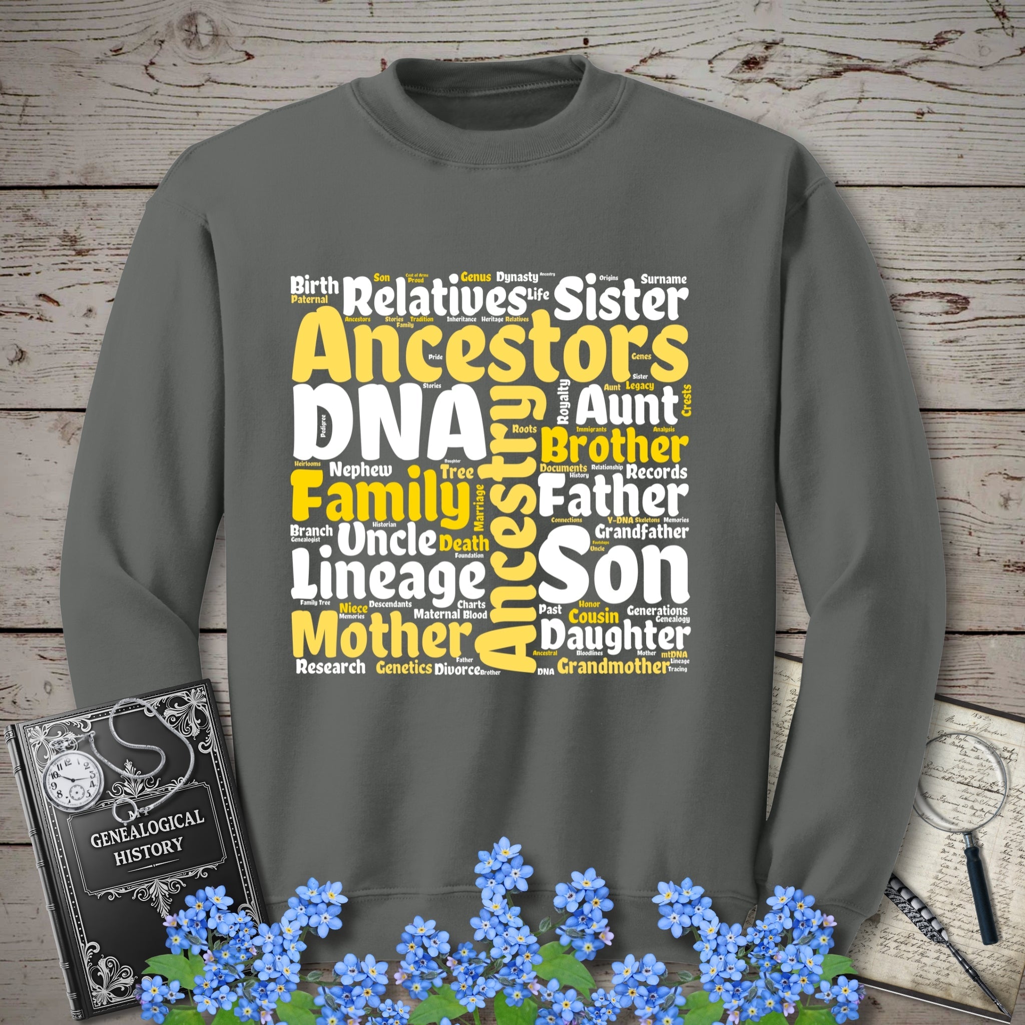 Genealogy Word Cloud Sweatshirt in Charcoal by Genealogy Keepsakes