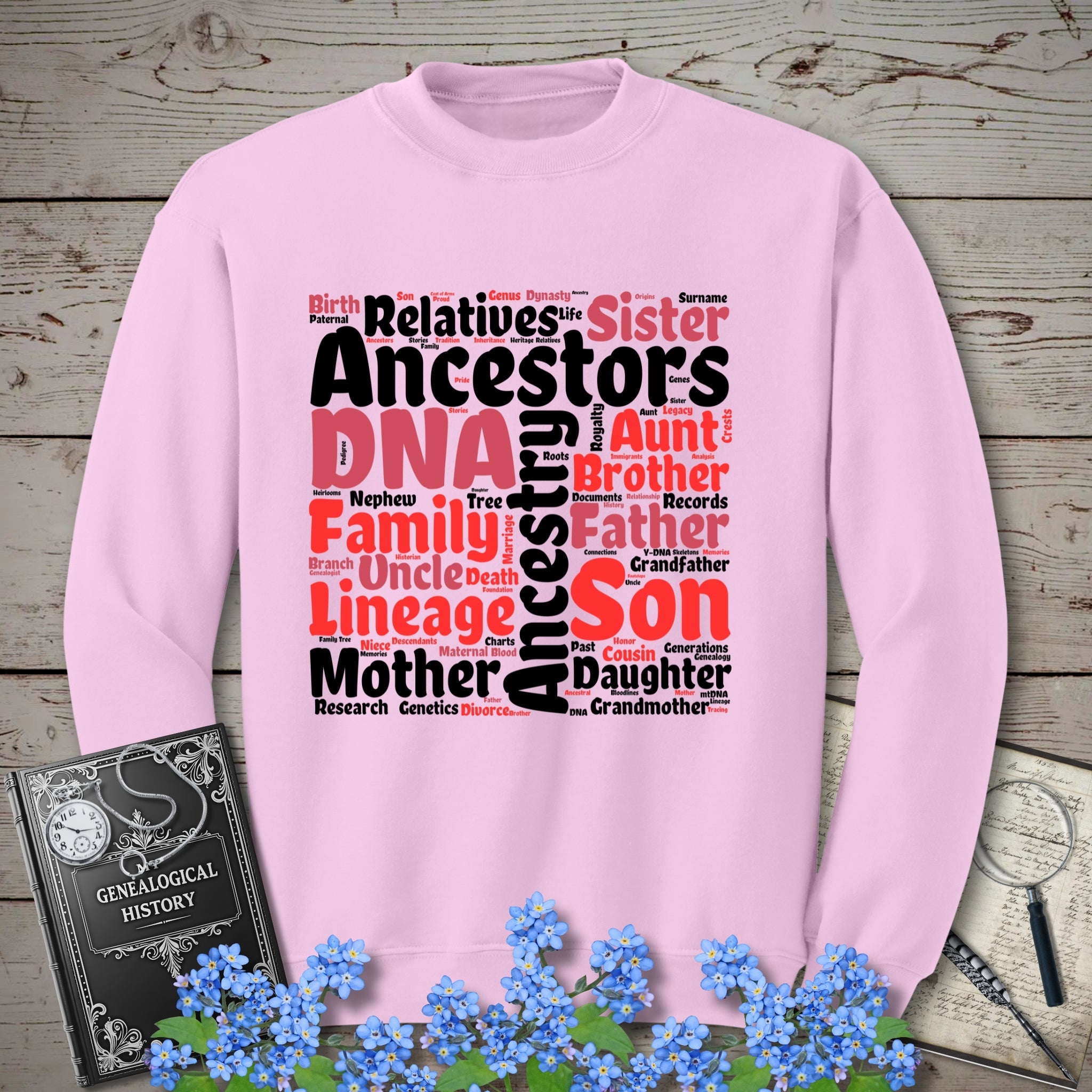 Genealogy Word Cloud Sweatshirt in Light Pink by Genealogy Keepsakes