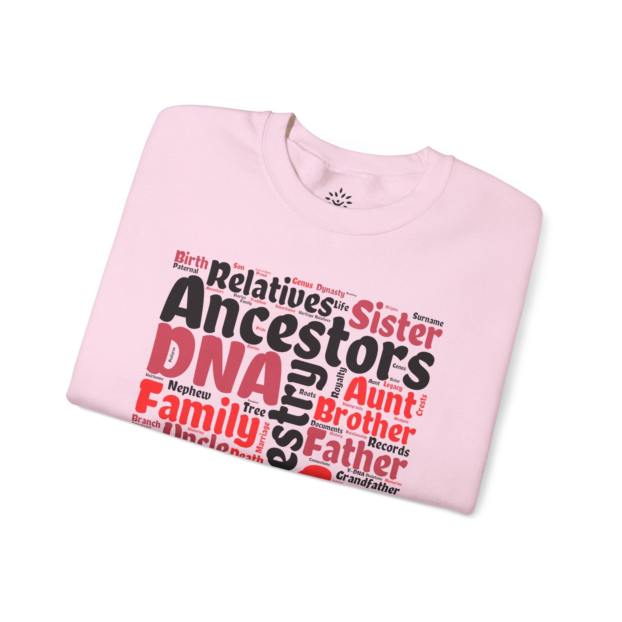 Genealogy Word Cloud Sweatshirt in Light Pink by Genealogy Keepsakes