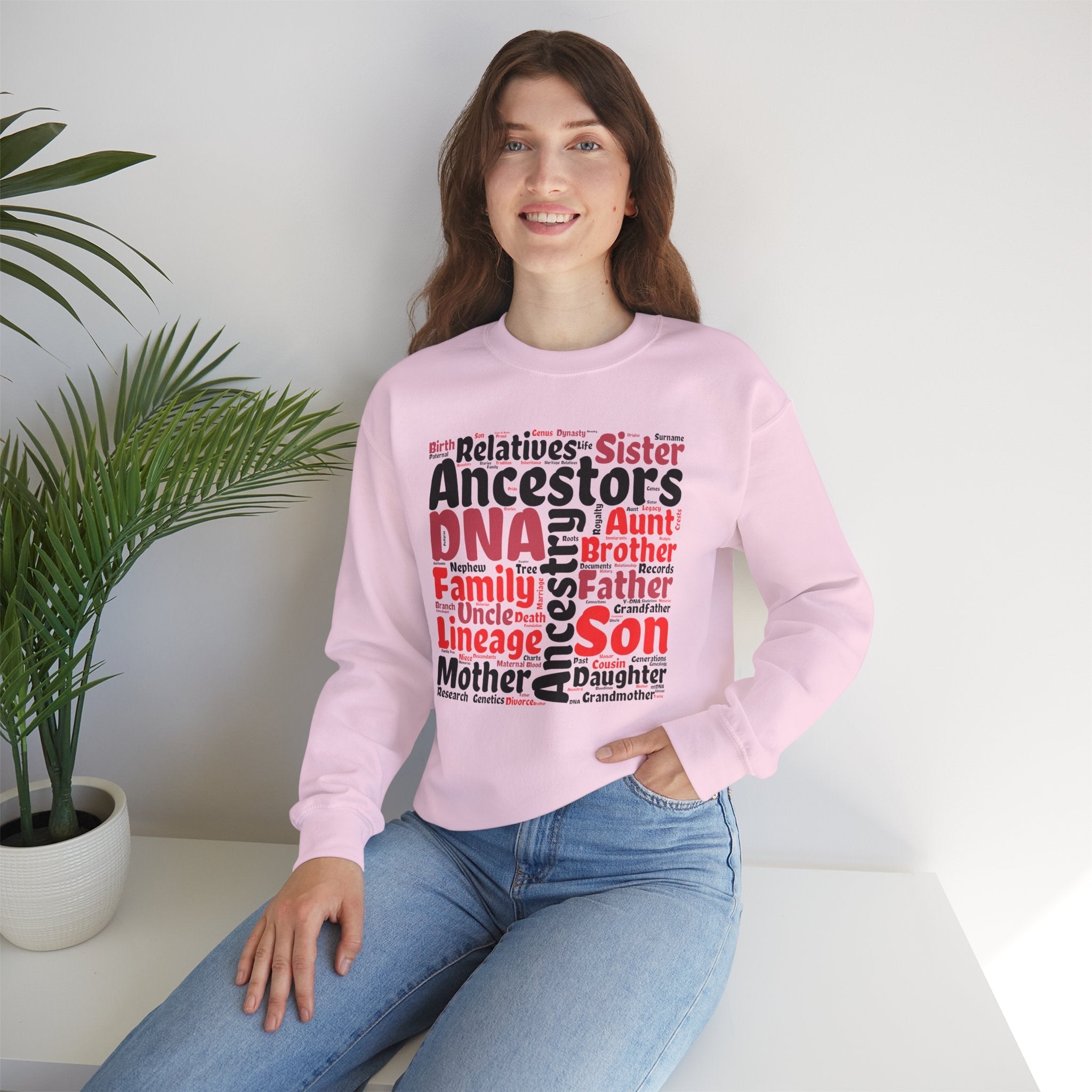 Genealogy Word Cloud Sweatshirt in Light Pink by Genealogy Keepsakes