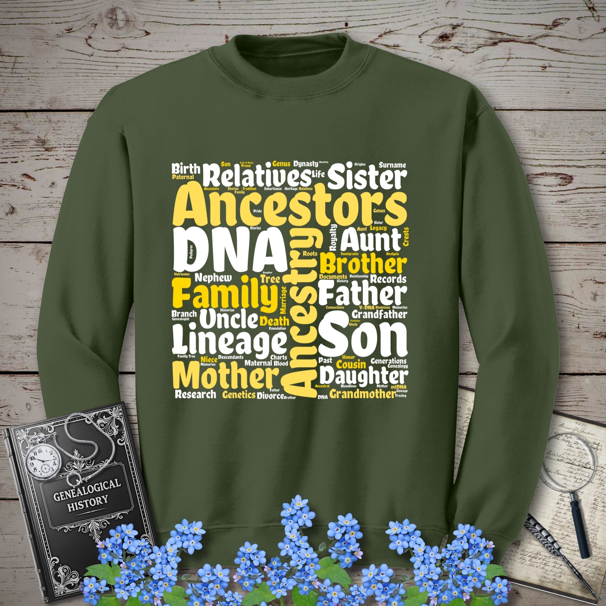 Genealogy Word Cloud Sweatshirt in Military Green by Genealogy Keepsakes