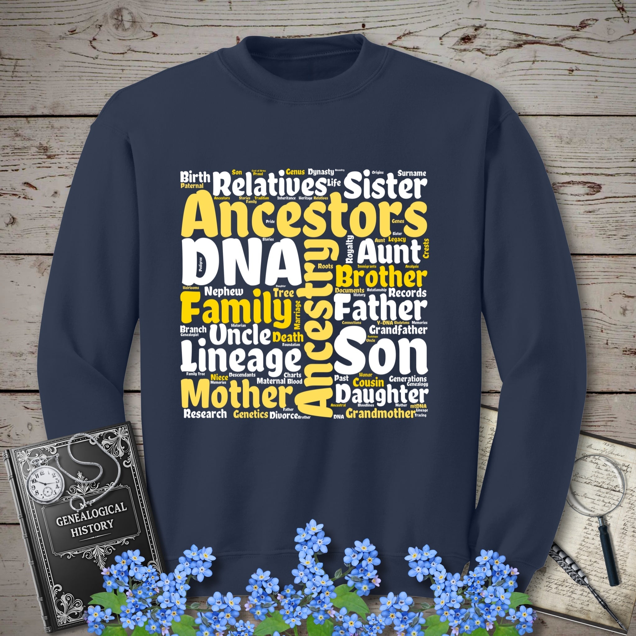 Genealogy Word Cloud Sweatshirt in Navy by Genealogy Keepsakes