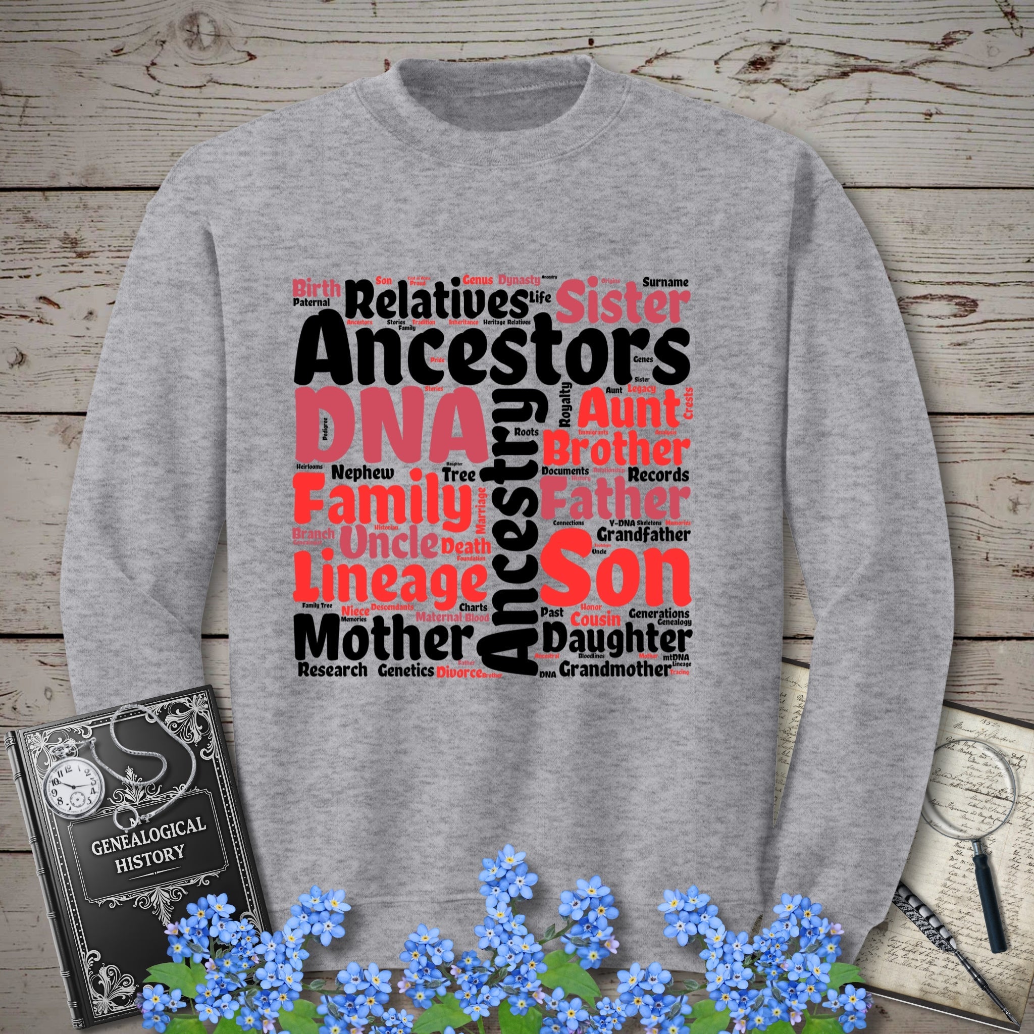 Genealogy Word Cloud Sweatshirt in Sport Grey by Genealogy Keepsakes