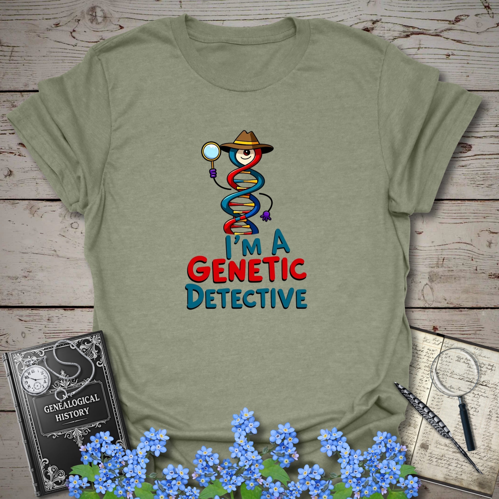 Genetic Detective T-Shirt in Heather Military Green by Genealogy Keepsakes