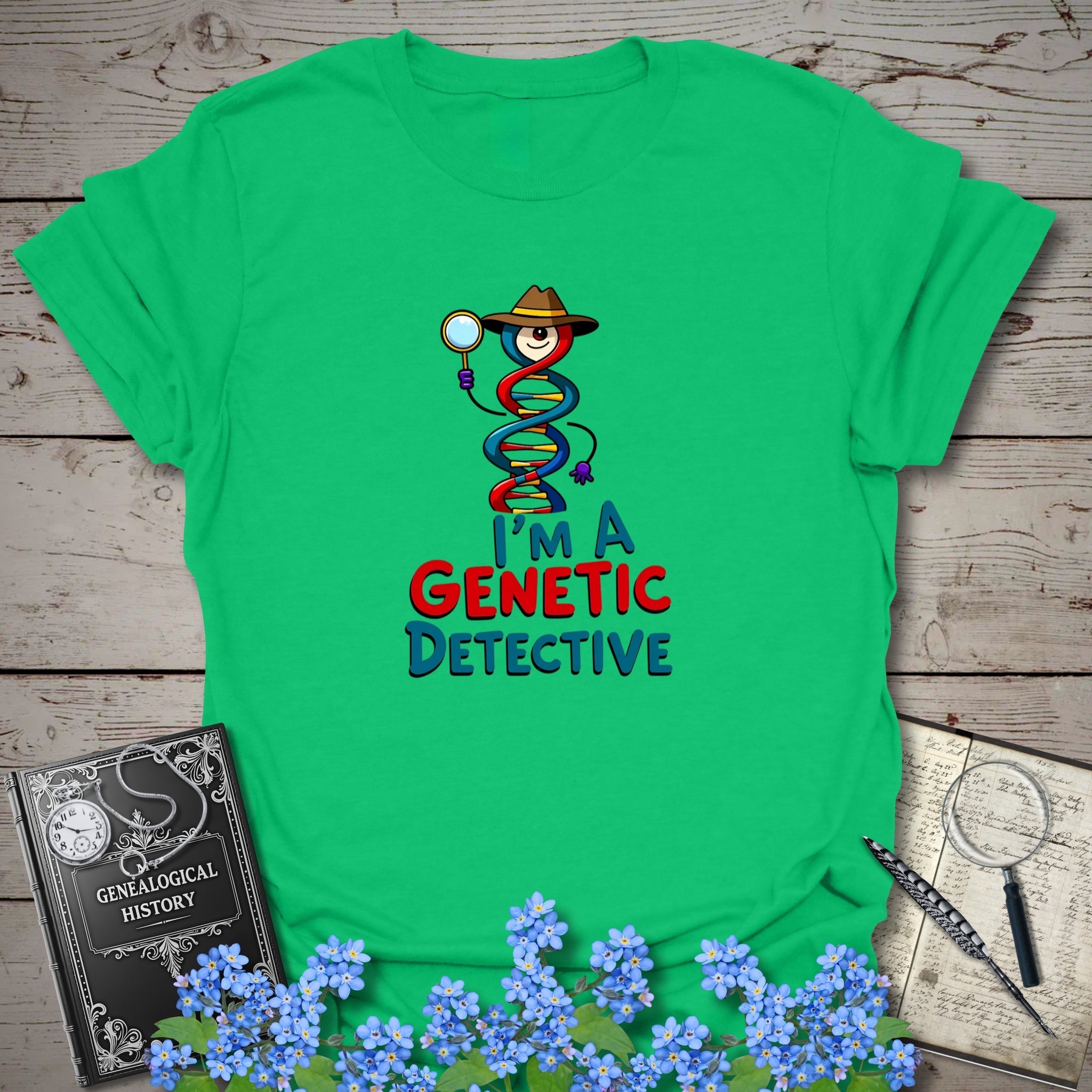 Genetic Detective T-Shirt in Irish Green by Genealogy Keepsakes