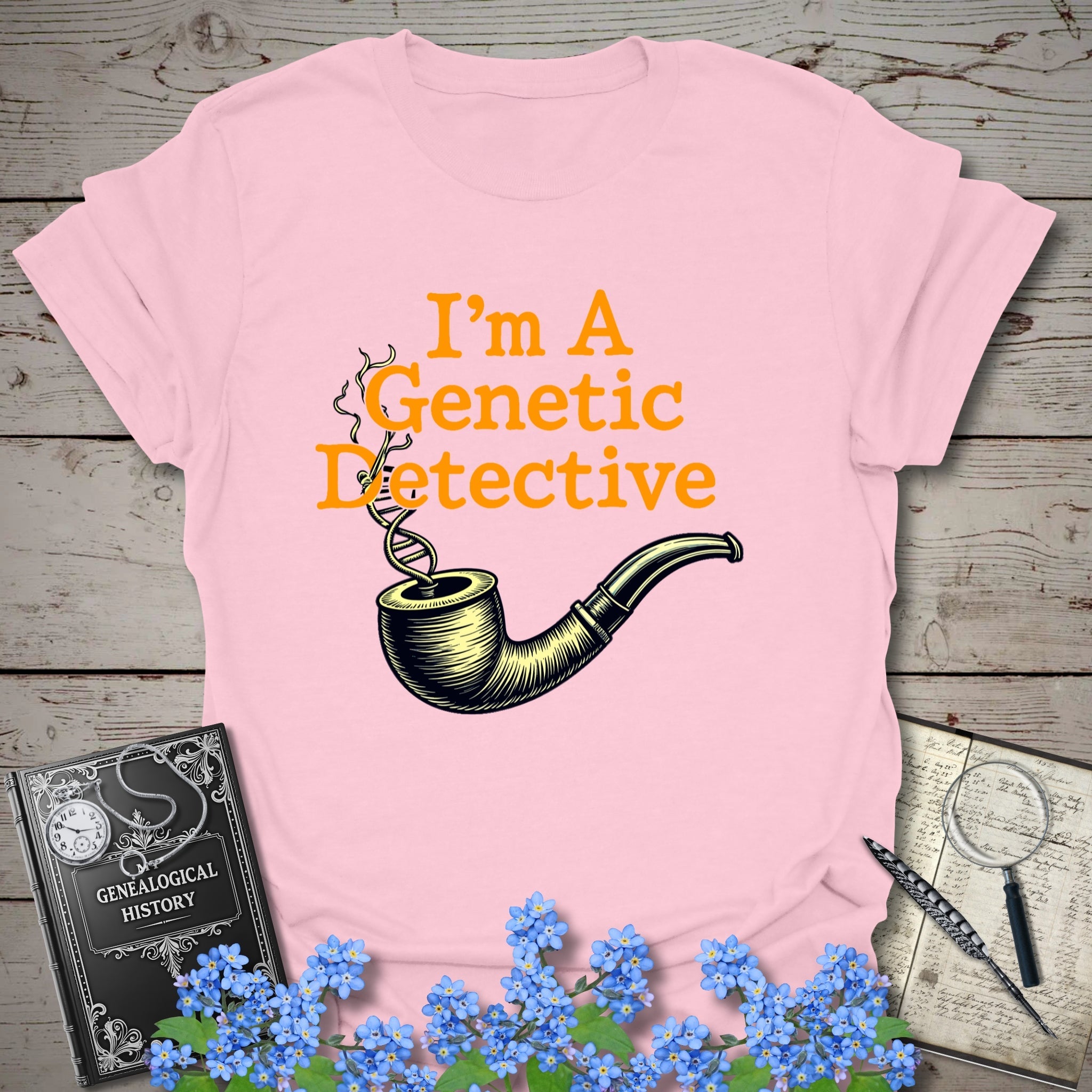 Genetic Detective T-Shirt in Light Pink by Genealogy Keepsakes
