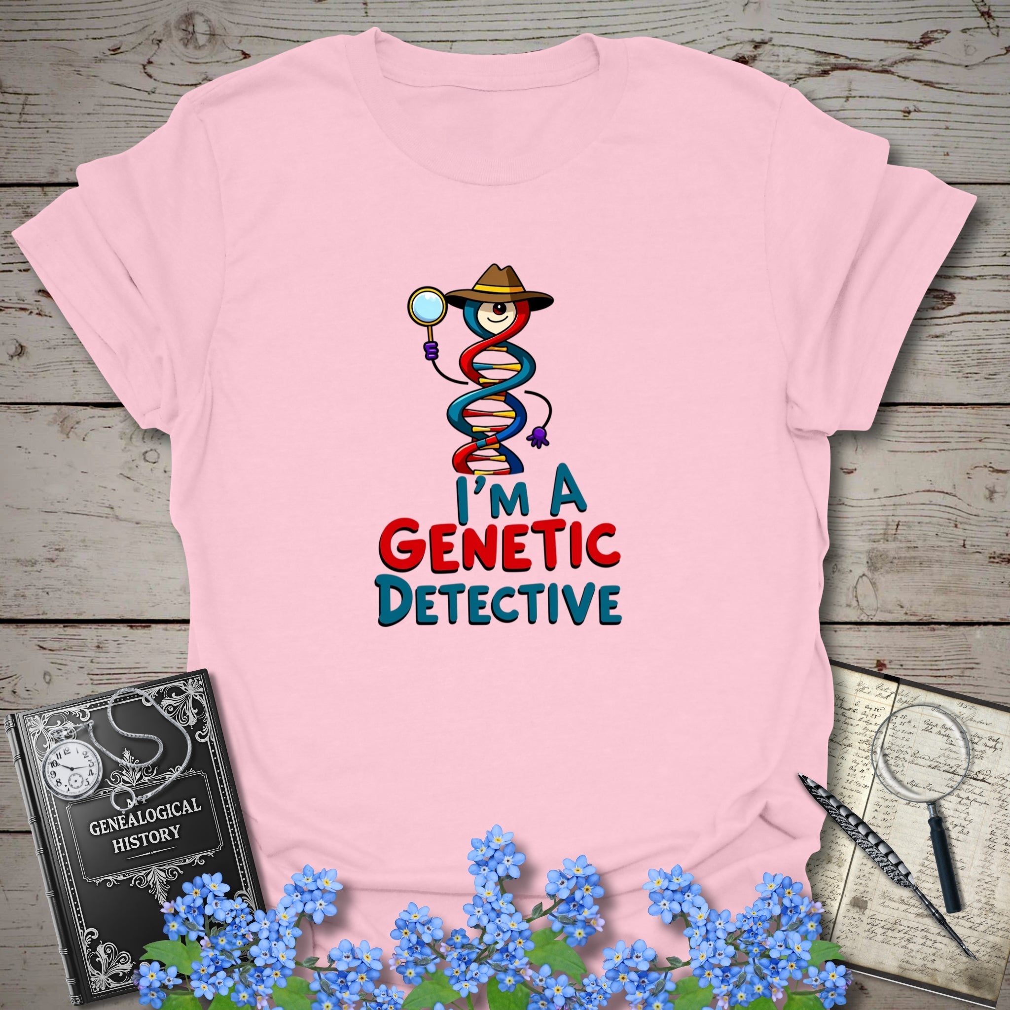Genetic Detective T-Shirt in Light Pink by Genealogy Keepsakes