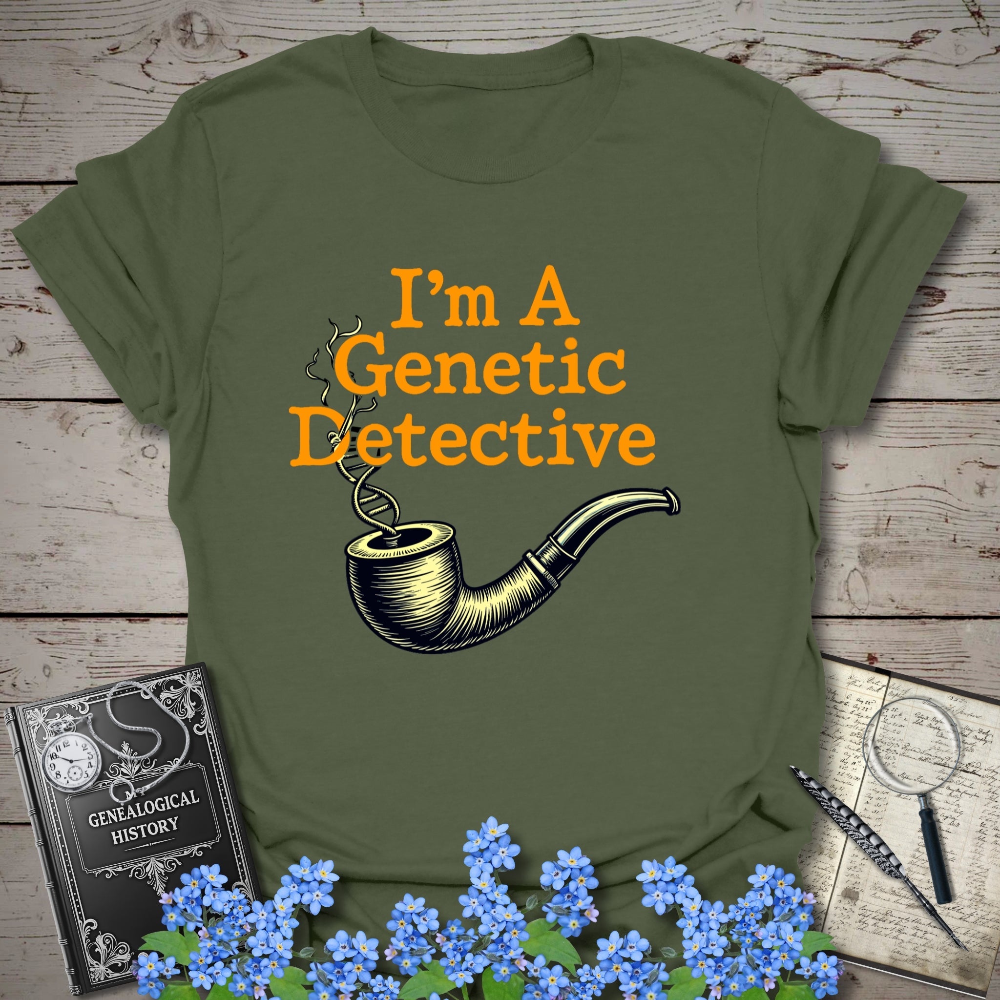 Genetic Detective T-Shirt in Military Green by Genealogy Keepsakes