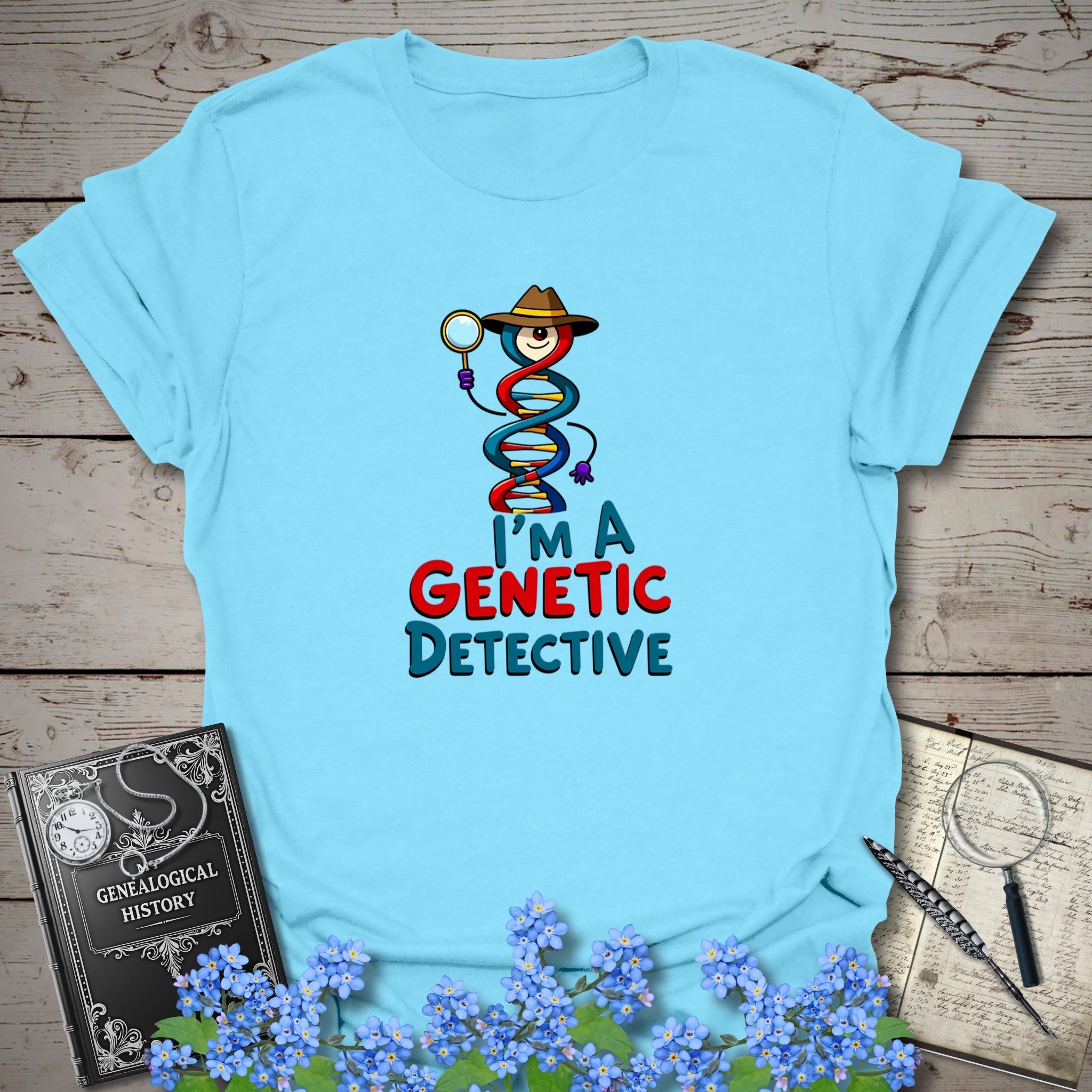 Genetic Detective T-Shirt in Sky by Genealogy Keepsakes
