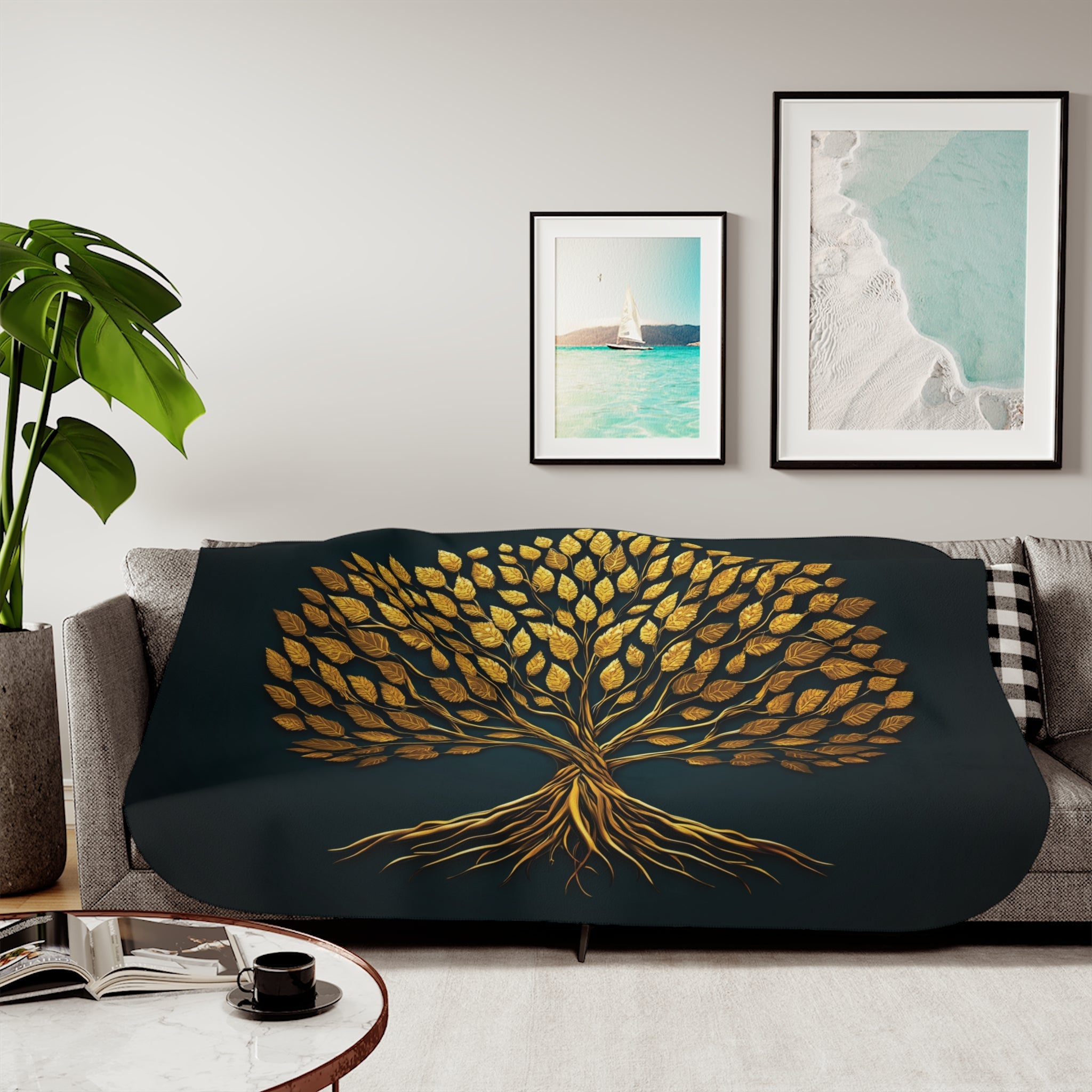 Golden Tree of Life Sherpa Fleece Blanket in 50" × 60" by Genealogy Keepsakes