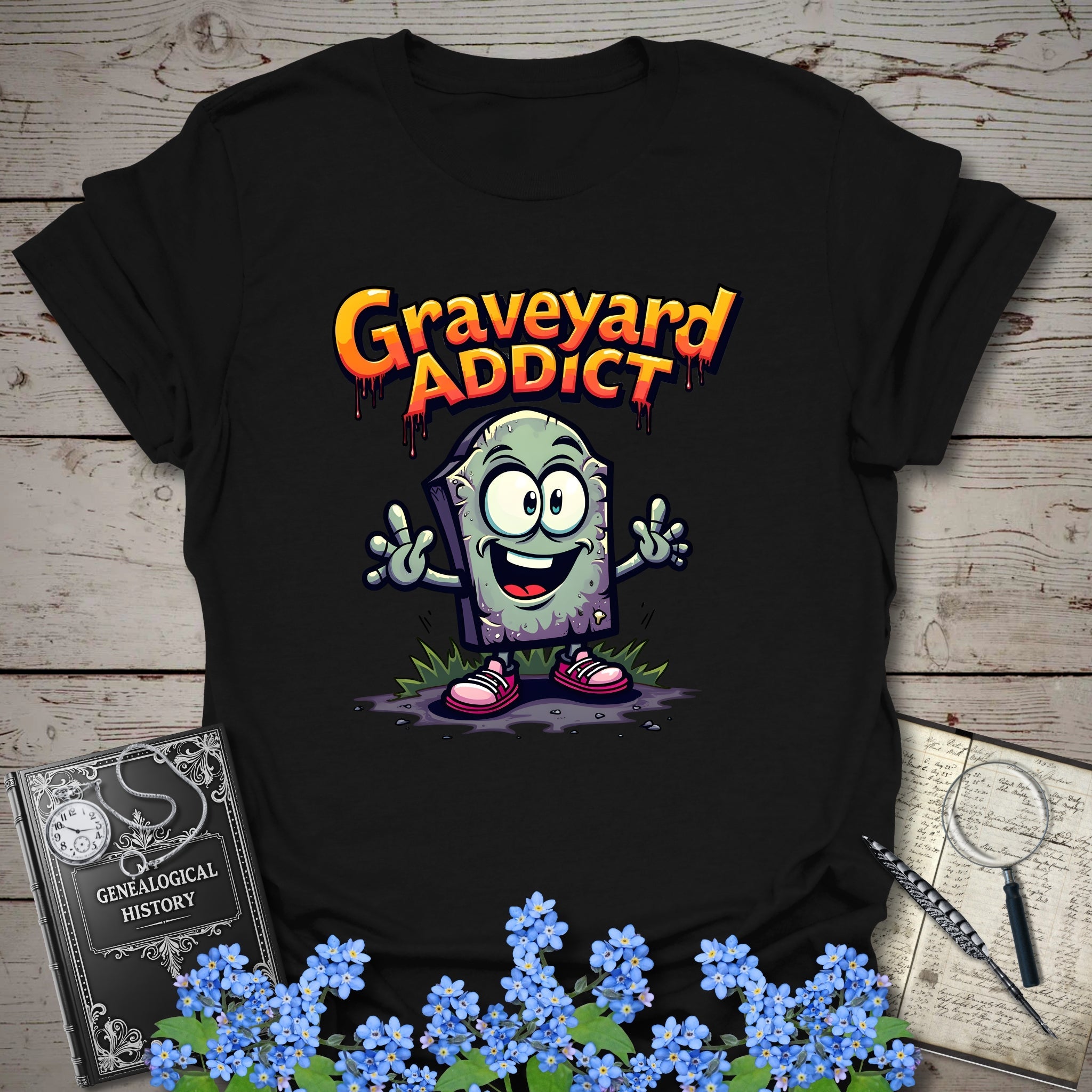 Graveyard Addict T-Shirt in Black by Genealogy Keepsakes