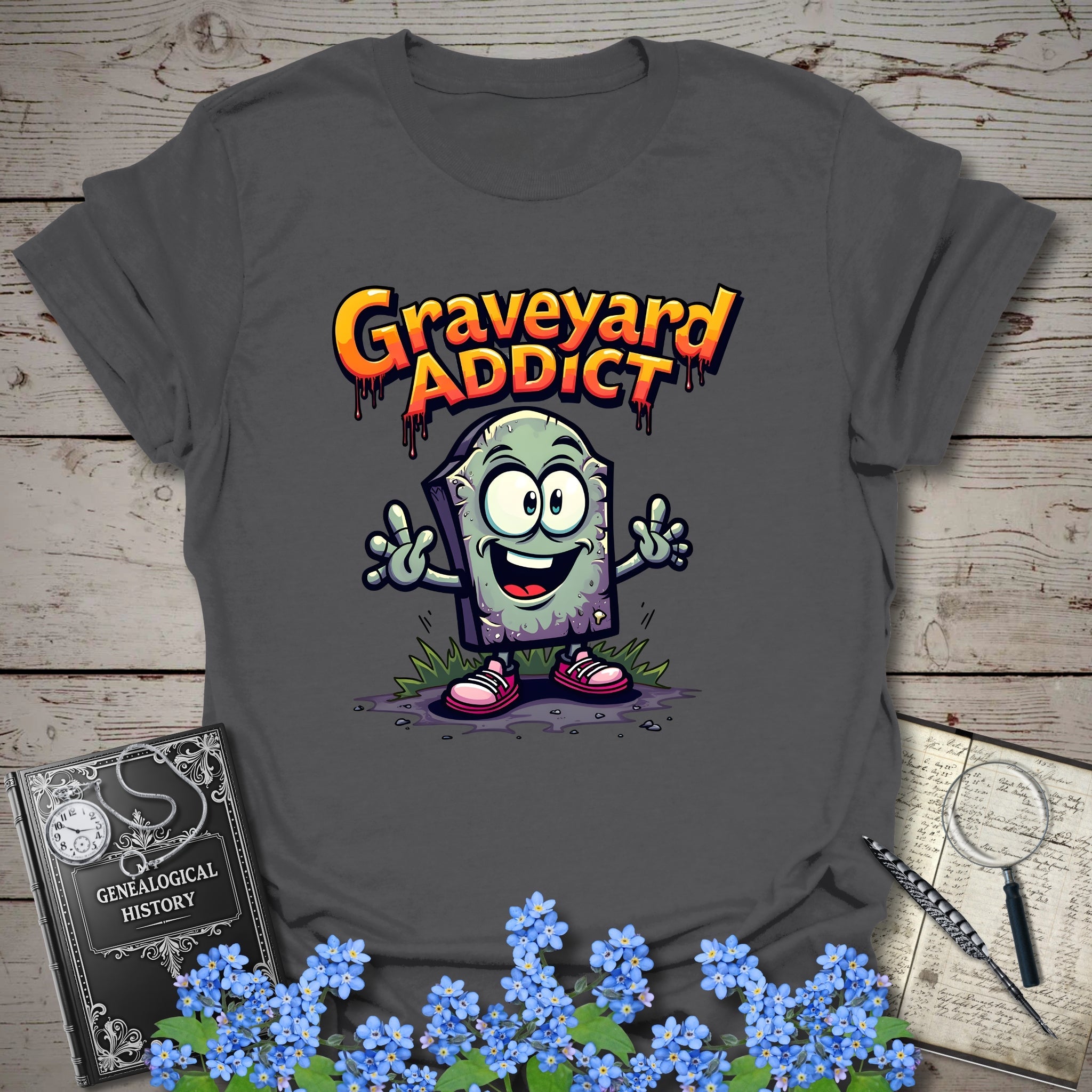 Graveyard Addict T-Shirt in Charcoal by Genealogy Keepsakes