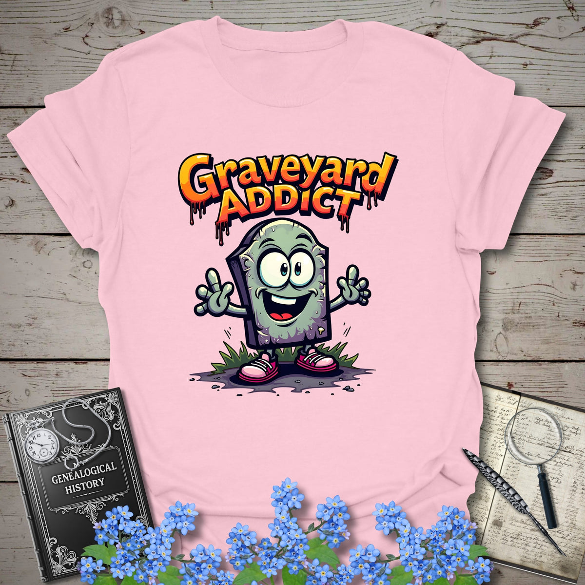 Graveyard Addict T-Shirt - Genealogy Keepsakes Custom Genealogy Gift - Light Pink S