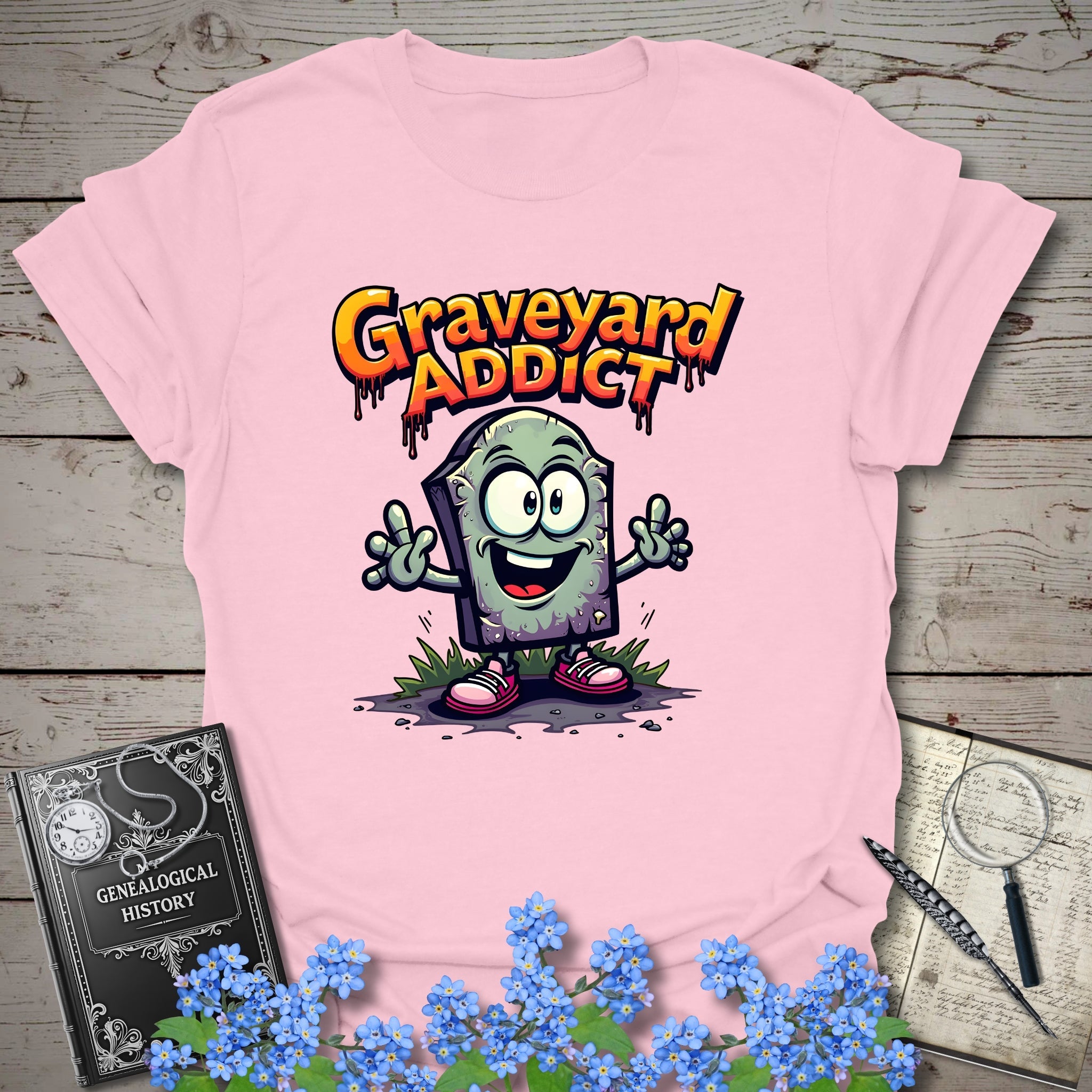 Graveyard Addict T-Shirt in Light Pink by Genealogy Keepsakes