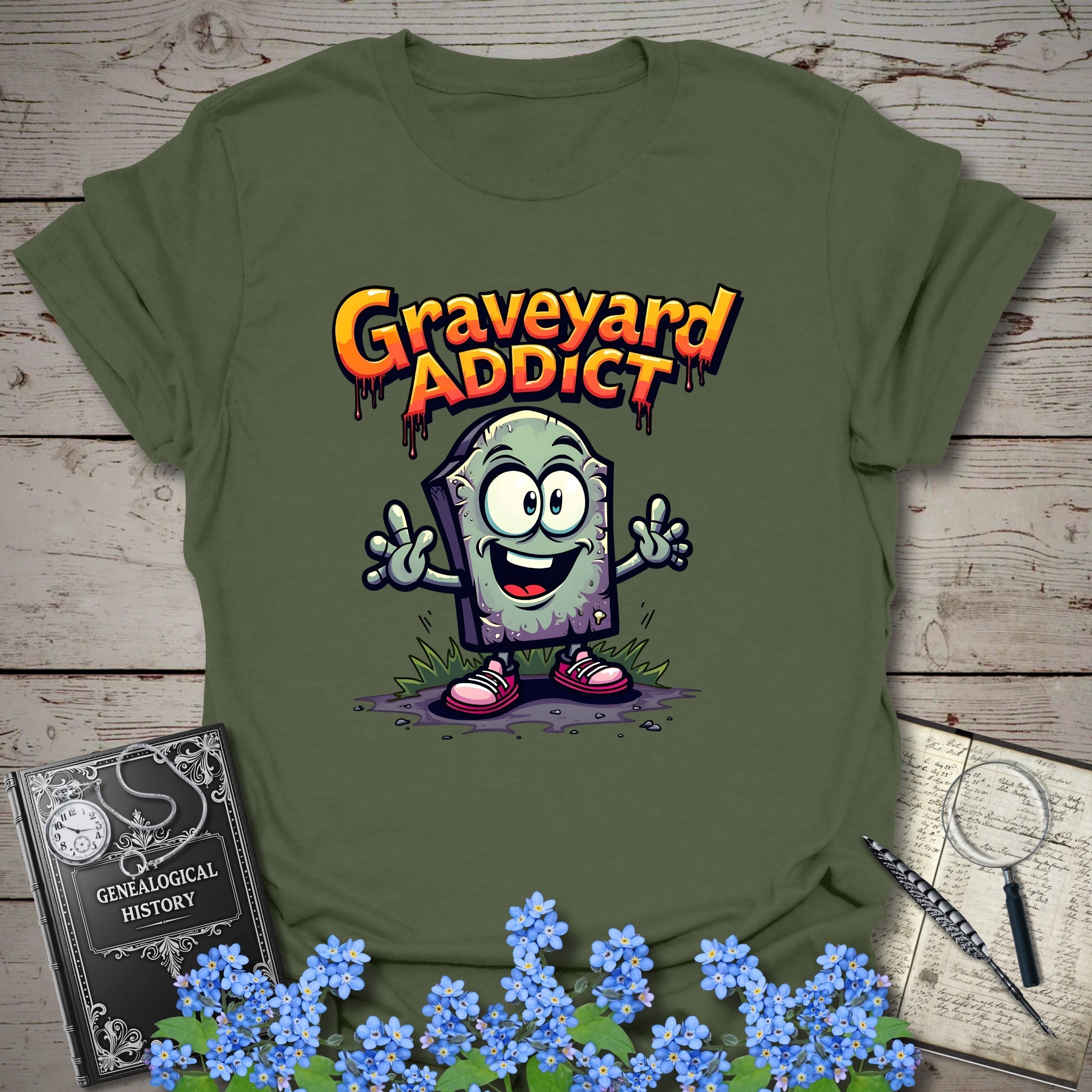 Graveyard Addict T-Shirt in Military Green by Genealogy Keepsakes