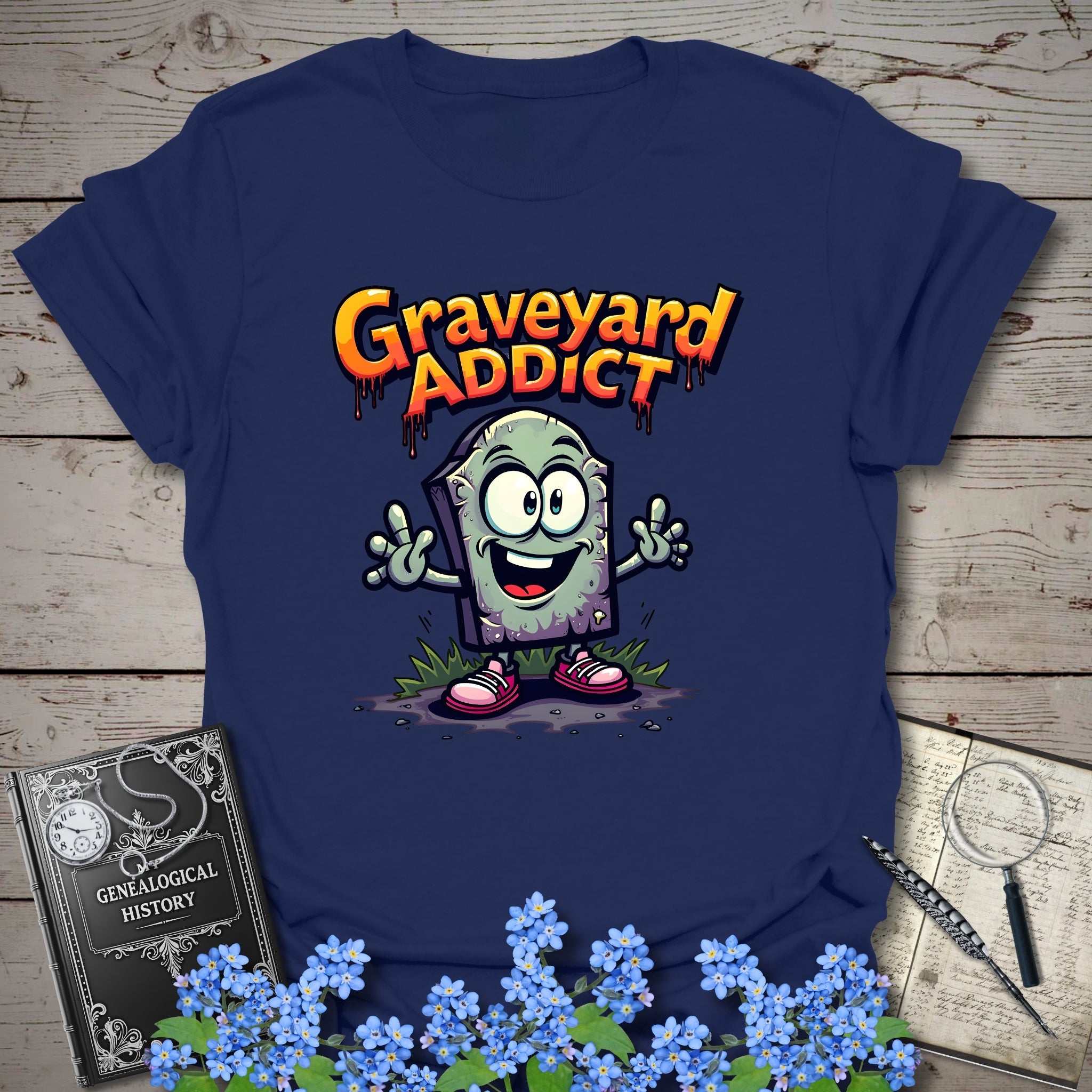 Graveyard Addict T-Shirt in Navy by Genealogy Keepsakes
