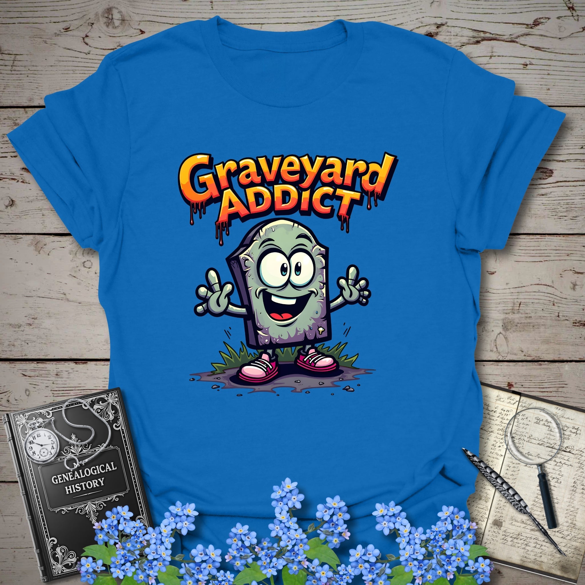 Graveyard Addict T-Shirt in Royal by Genealogy Keepsakes