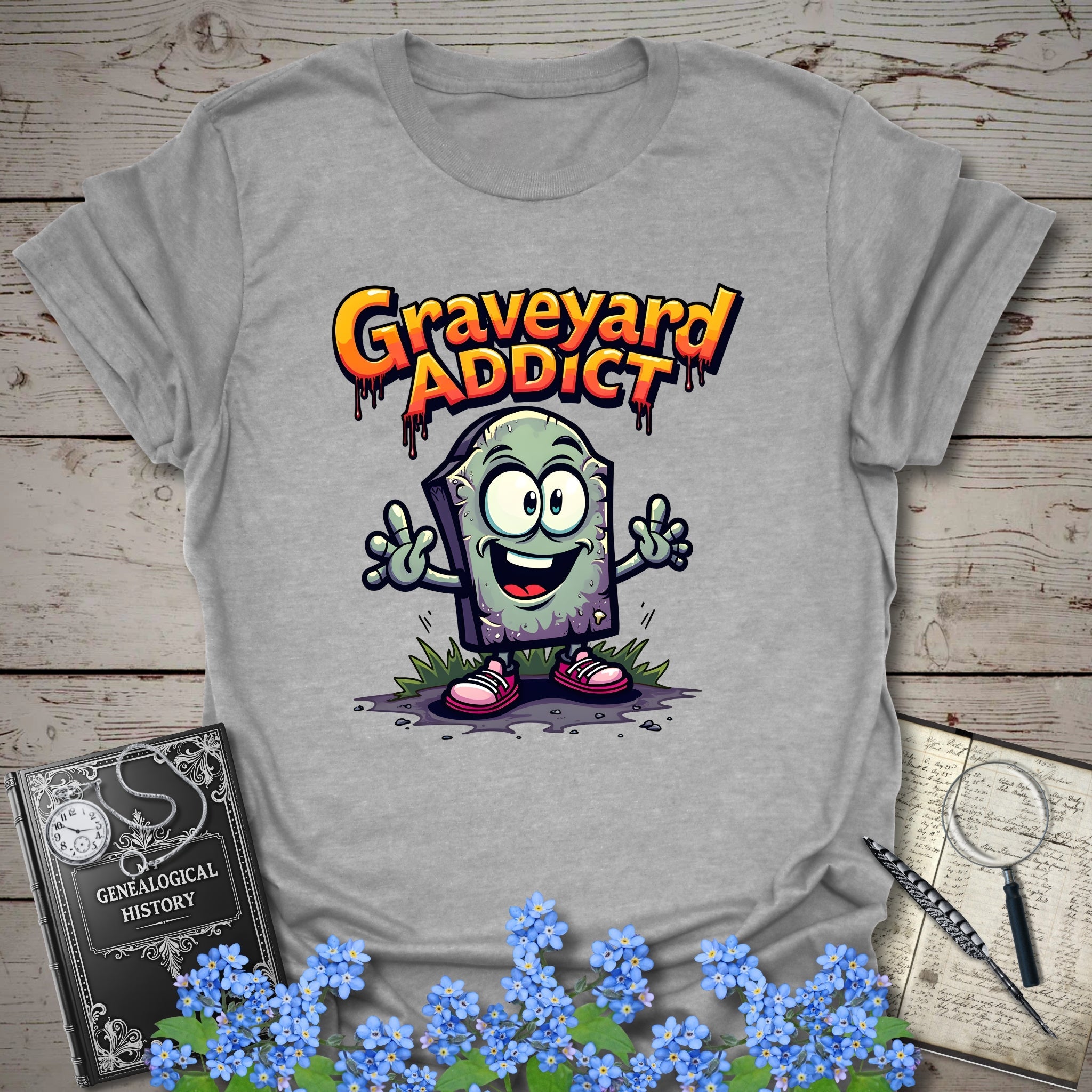 Graveyard Addict T-Shirt in Sport Grey by Genealogy Keepsakes