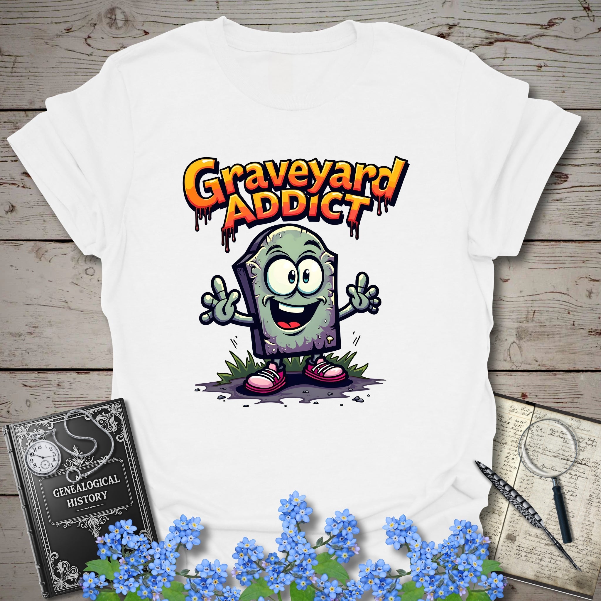 Graveyard Addict T-Shirt in White by Genealogy Keepsakes