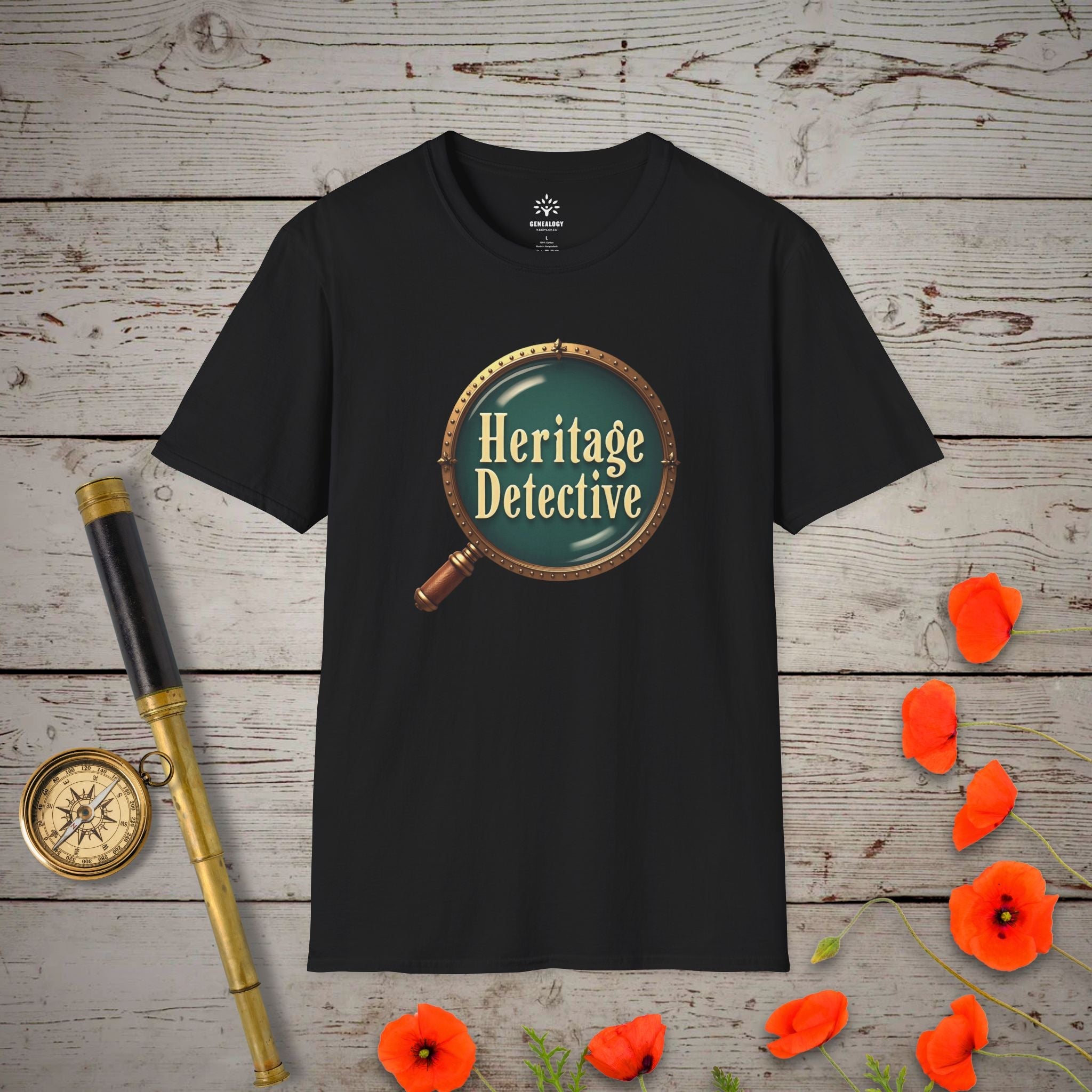 Heritage Detective T-Shirt in Black by Genealogy Keepsakes
