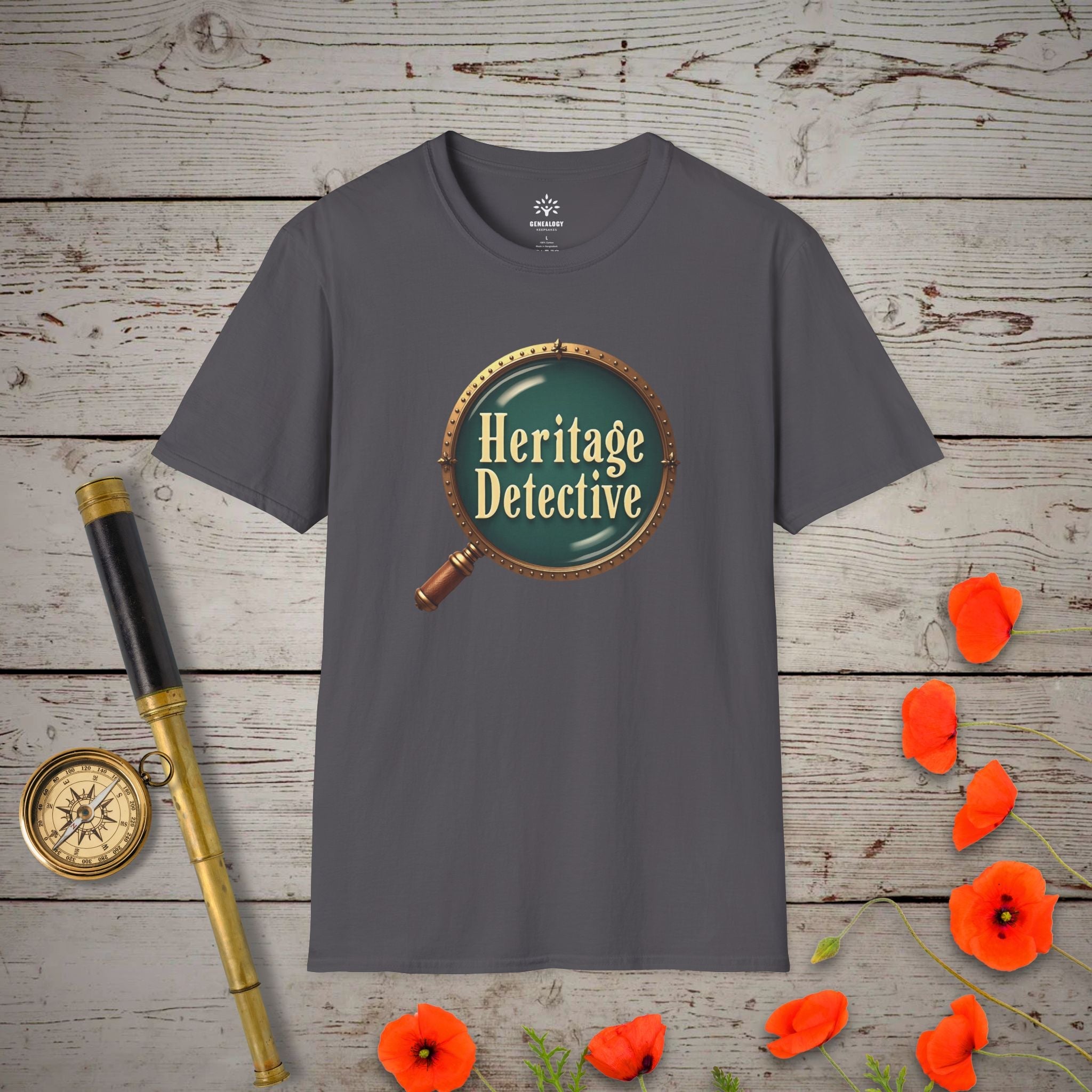 Heritage Detective T-Shirt in Charcoal by Genealogy Keepsakes