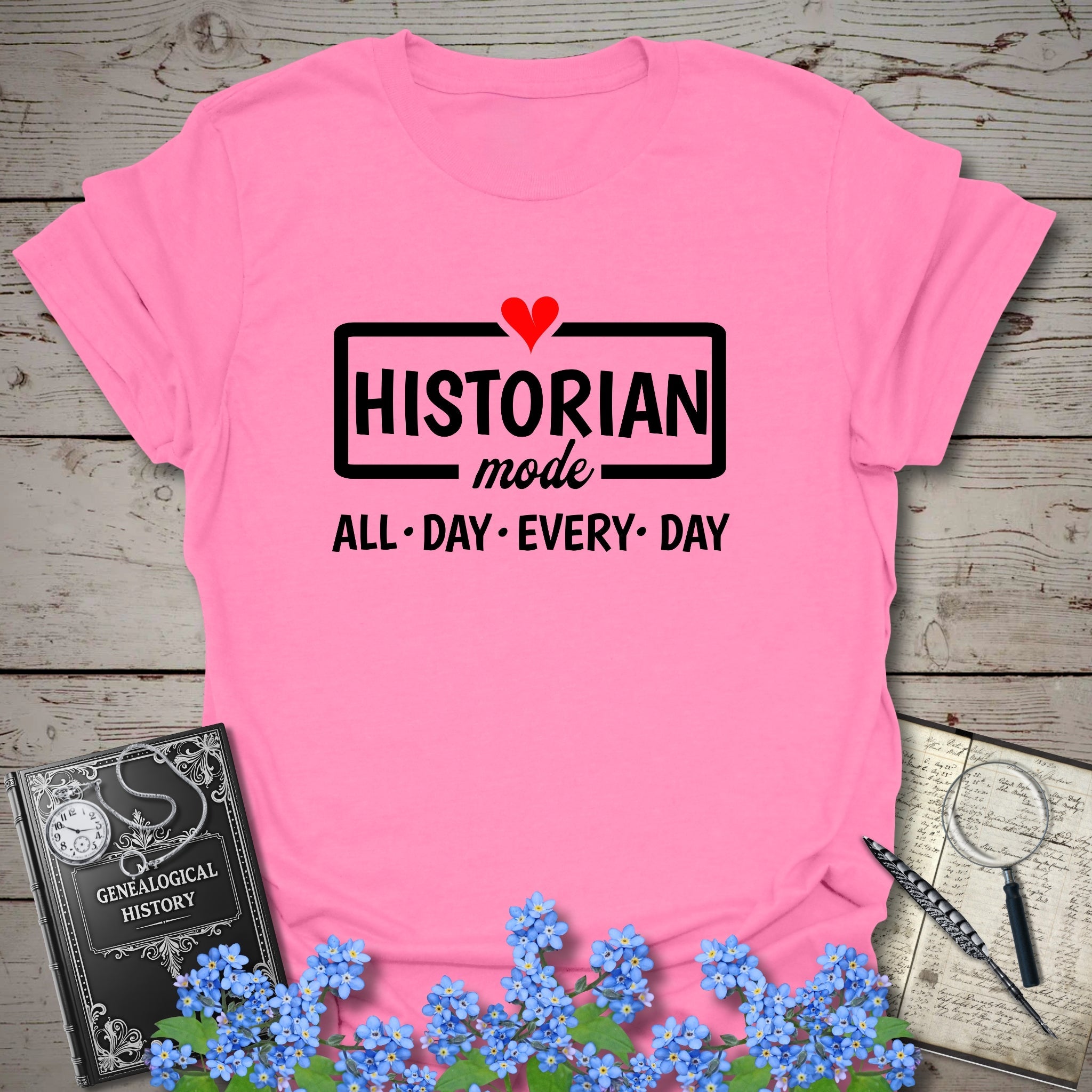 Historian Mode T-Shirt in Azalea by Genealogy Keepsakes
