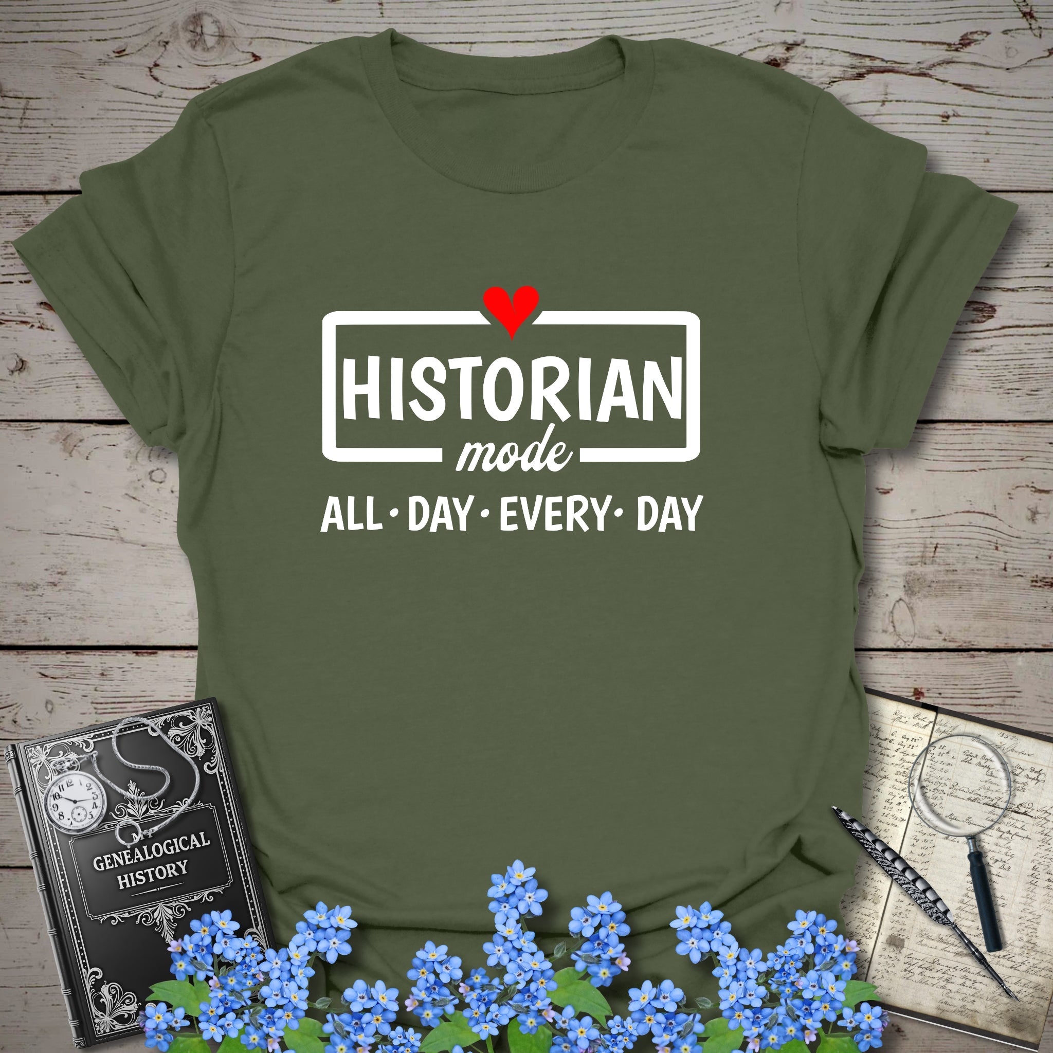 Historian Mode T-Shirt in Military Green by Genealogy Keepsakes