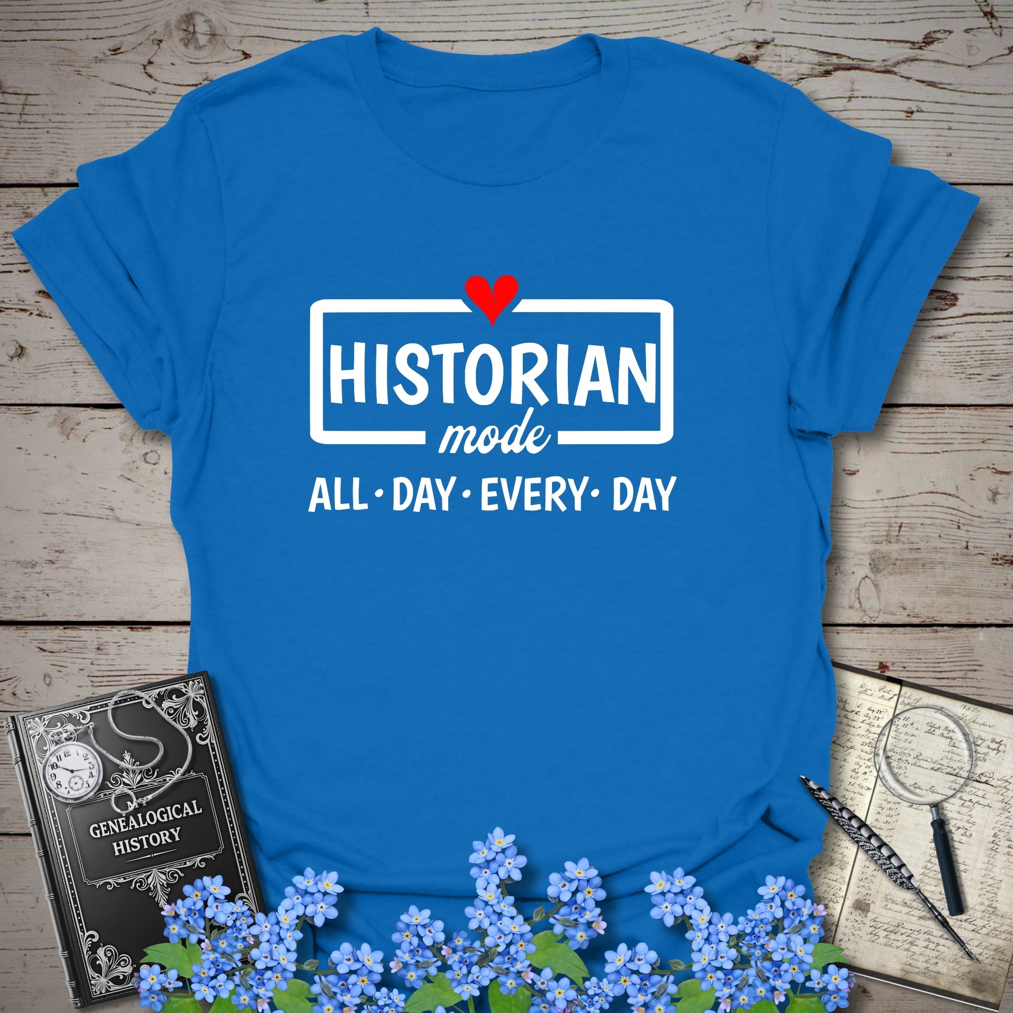 Historian Mode T-Shirt in Royal by Genealogy Keepsakes