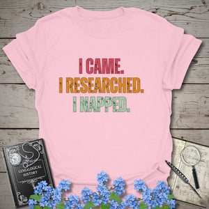 I Came I Researched I Napped T-Shirt in Light Pink by Genealogy Keepsakes