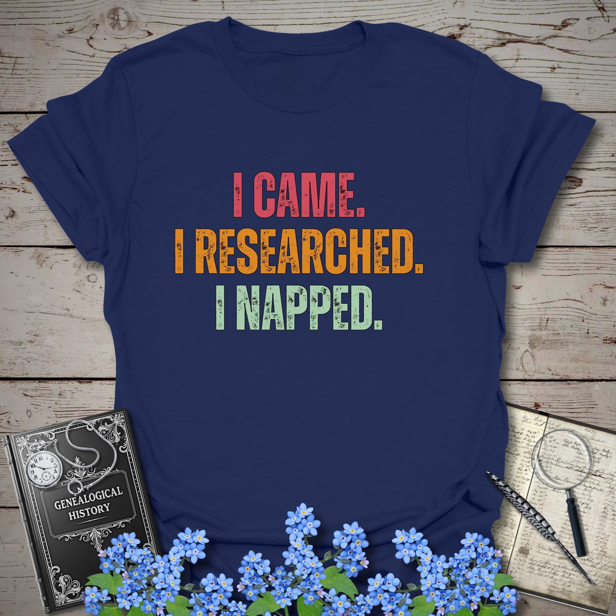 I Came I Researched I Napped T-Shirt in Navy by Genealogy Keepsakes