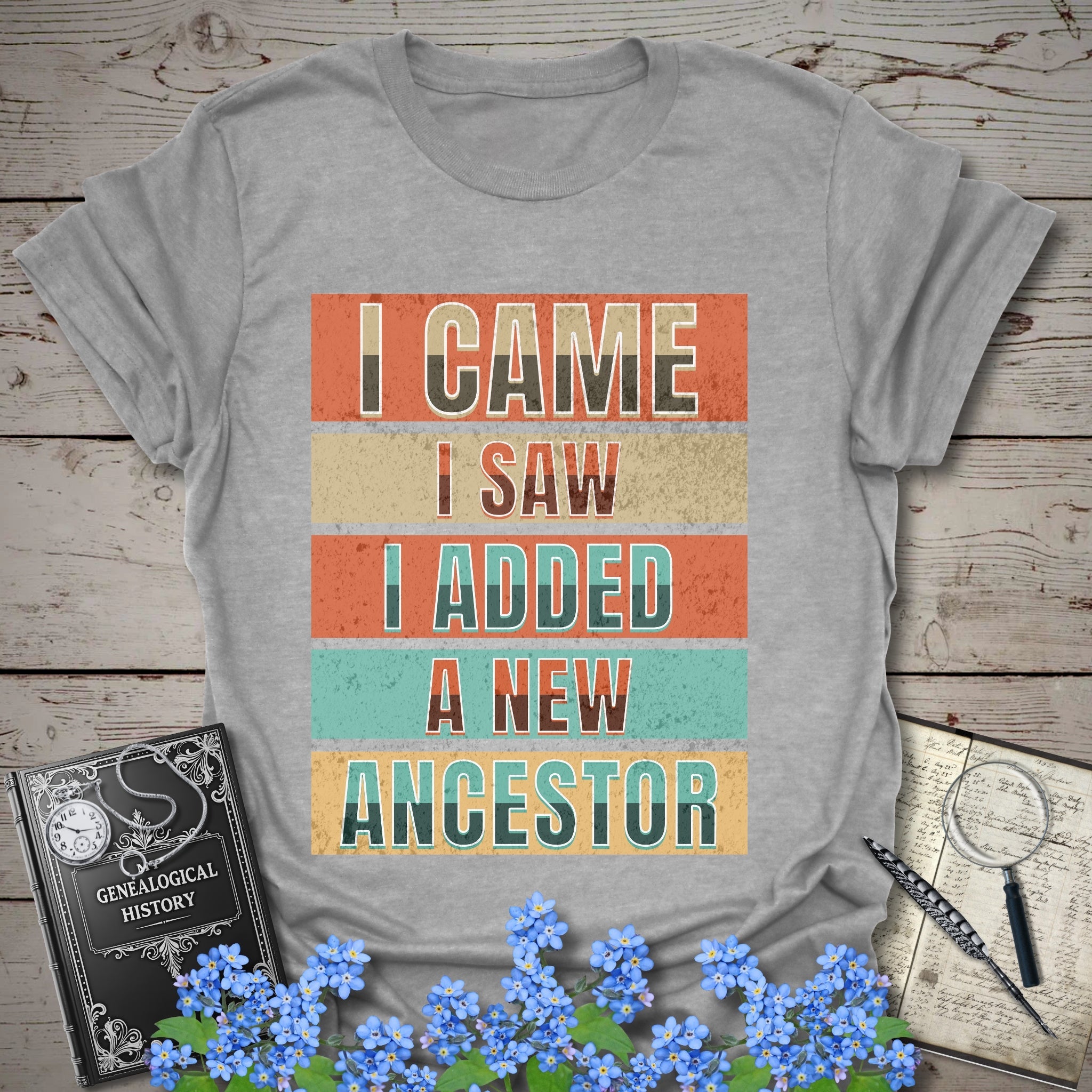 I Came I Saw I Added A New Ancestor T-Shirt in Sport Grey by Genealogy Keepsakes