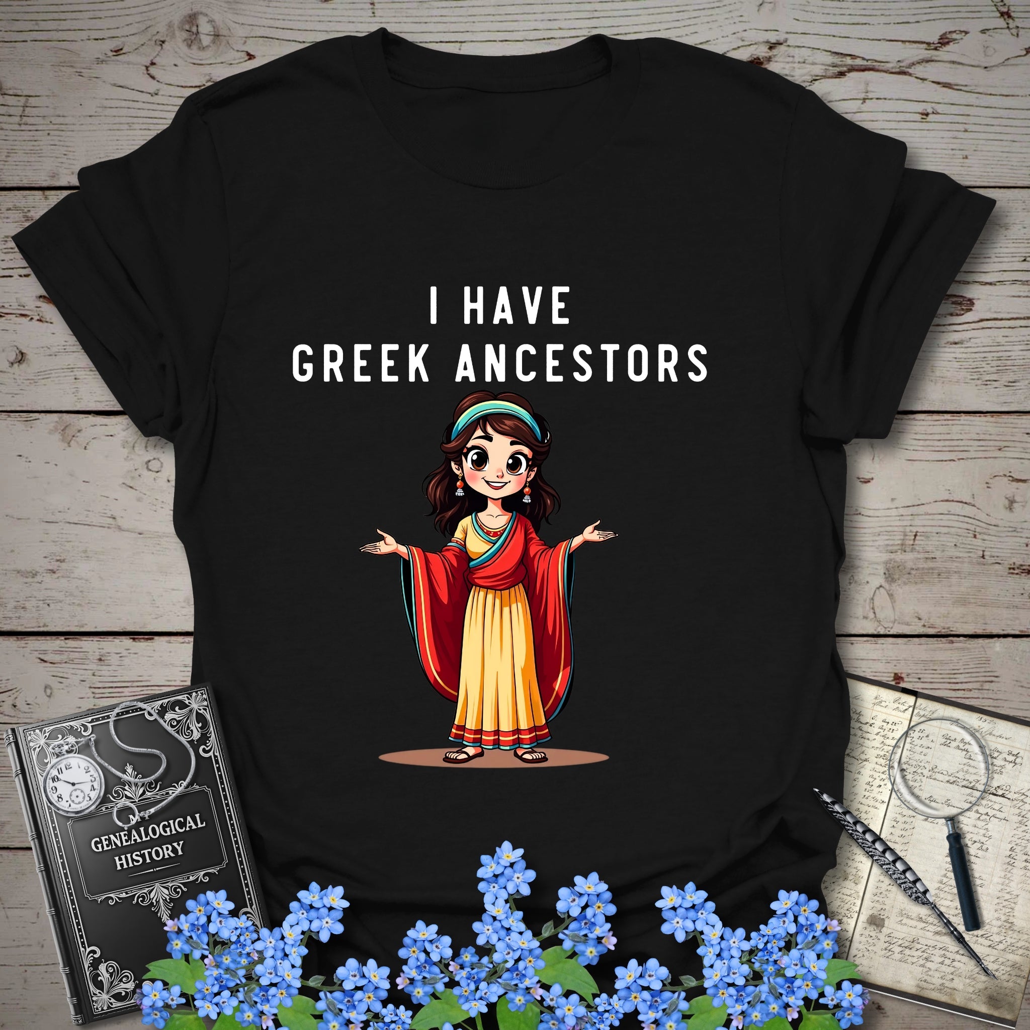 I Have Greek Ancestors T-Shirt in Black by Genealogy Keepsakes
