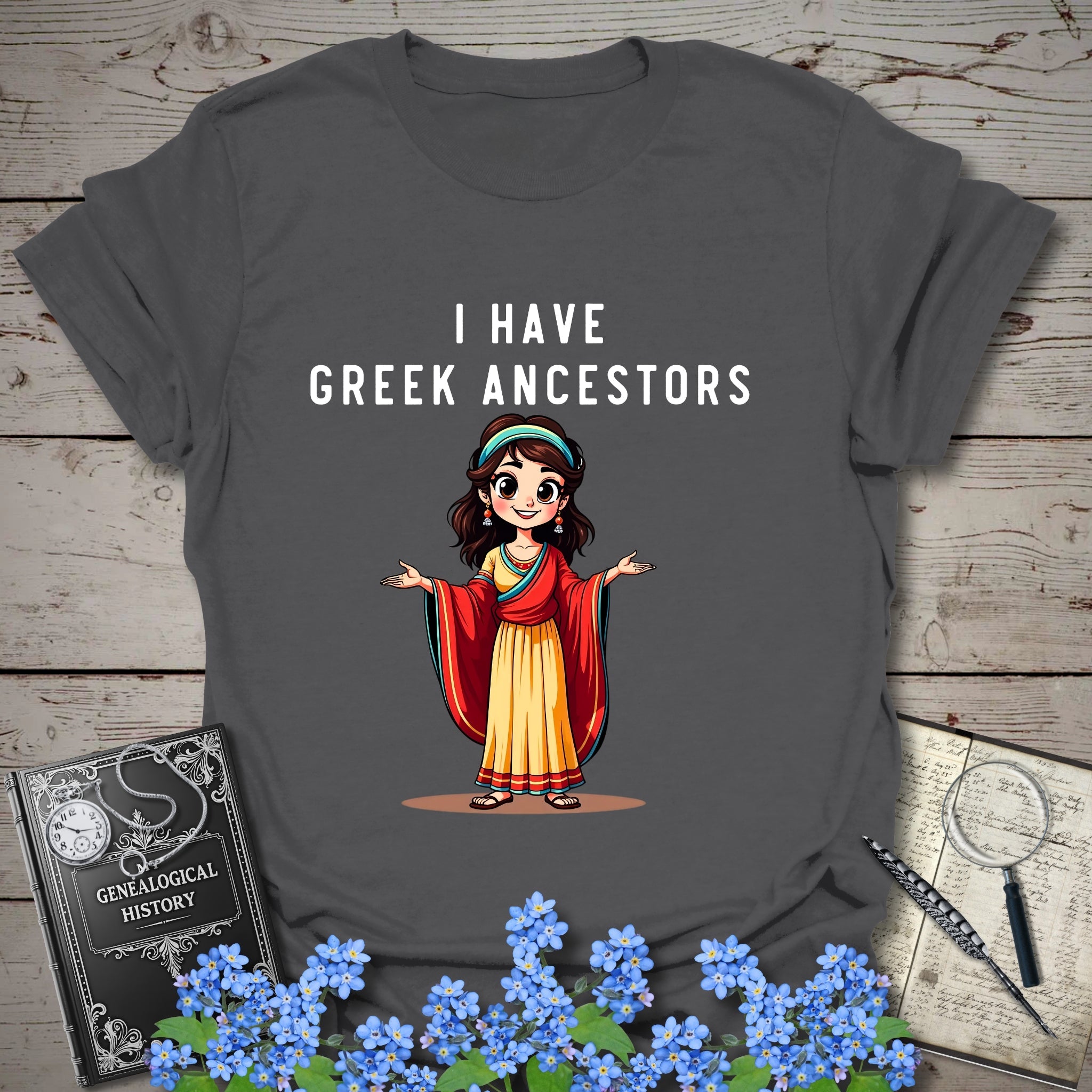 I Have Greek Ancestors T-Shirt in Charcoal by Genealogy Keepsakes