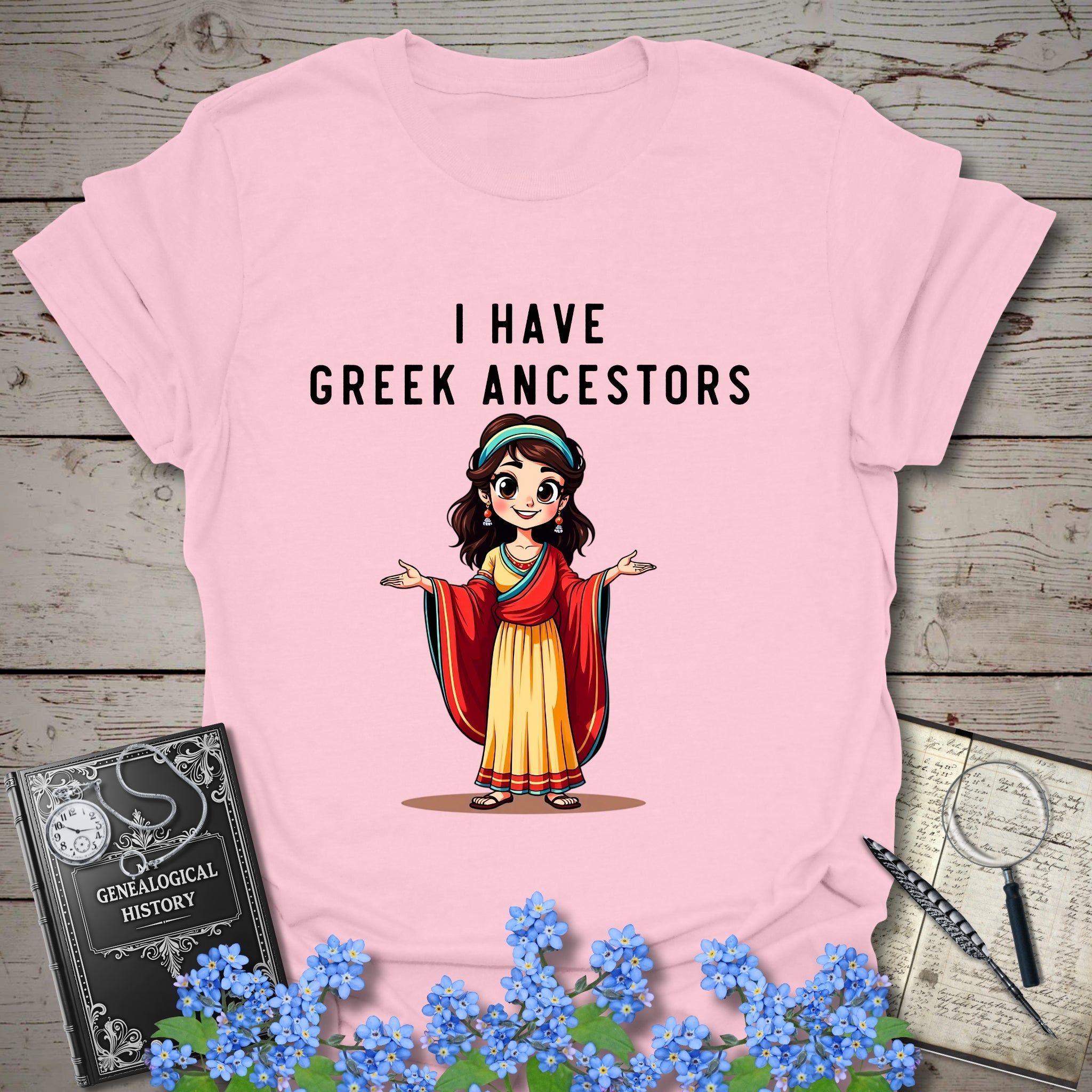 I Have Greek Ancestors T-Shirt in Light Pink by Genealogy Keepsakes