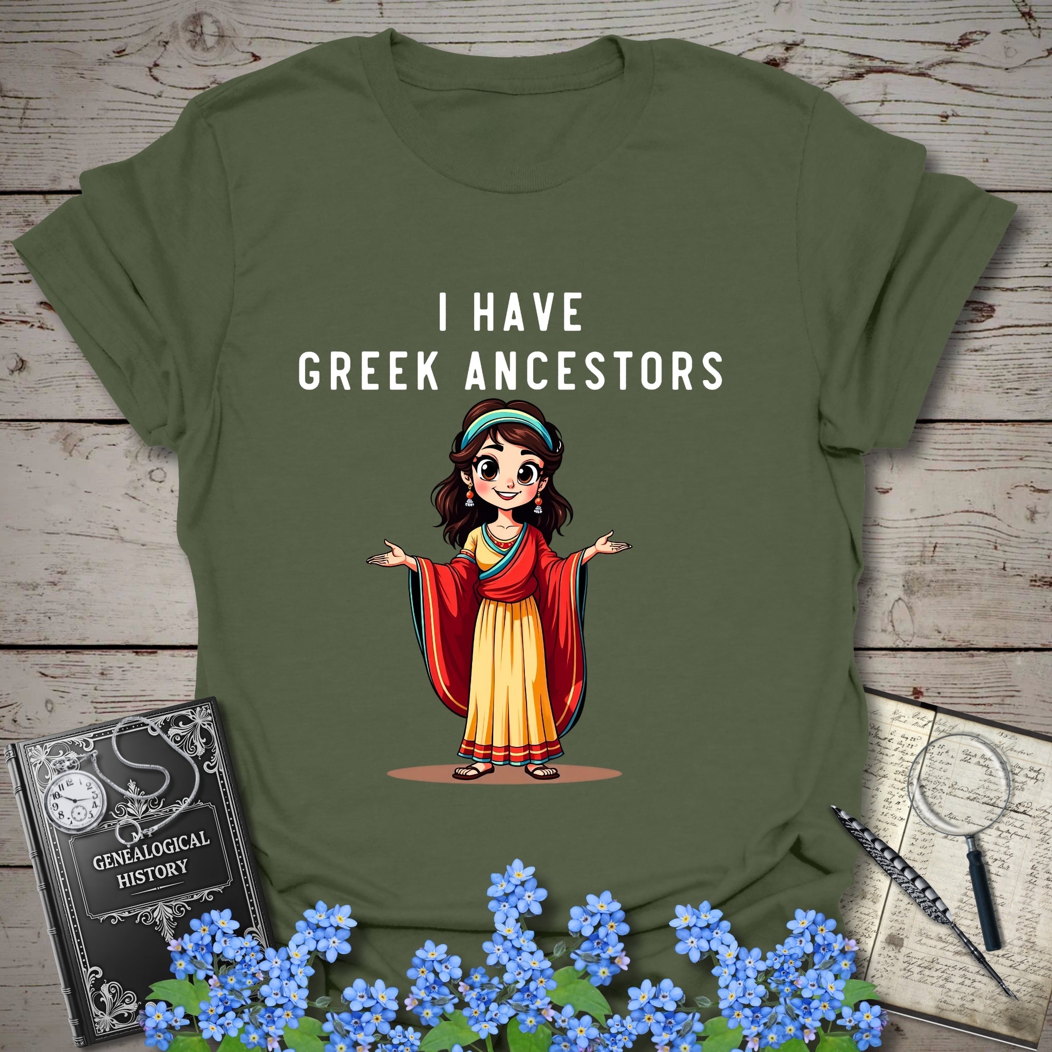 I Have Greek Ancestors T-Shirt in Military Green by Genealogy Keepsakes
