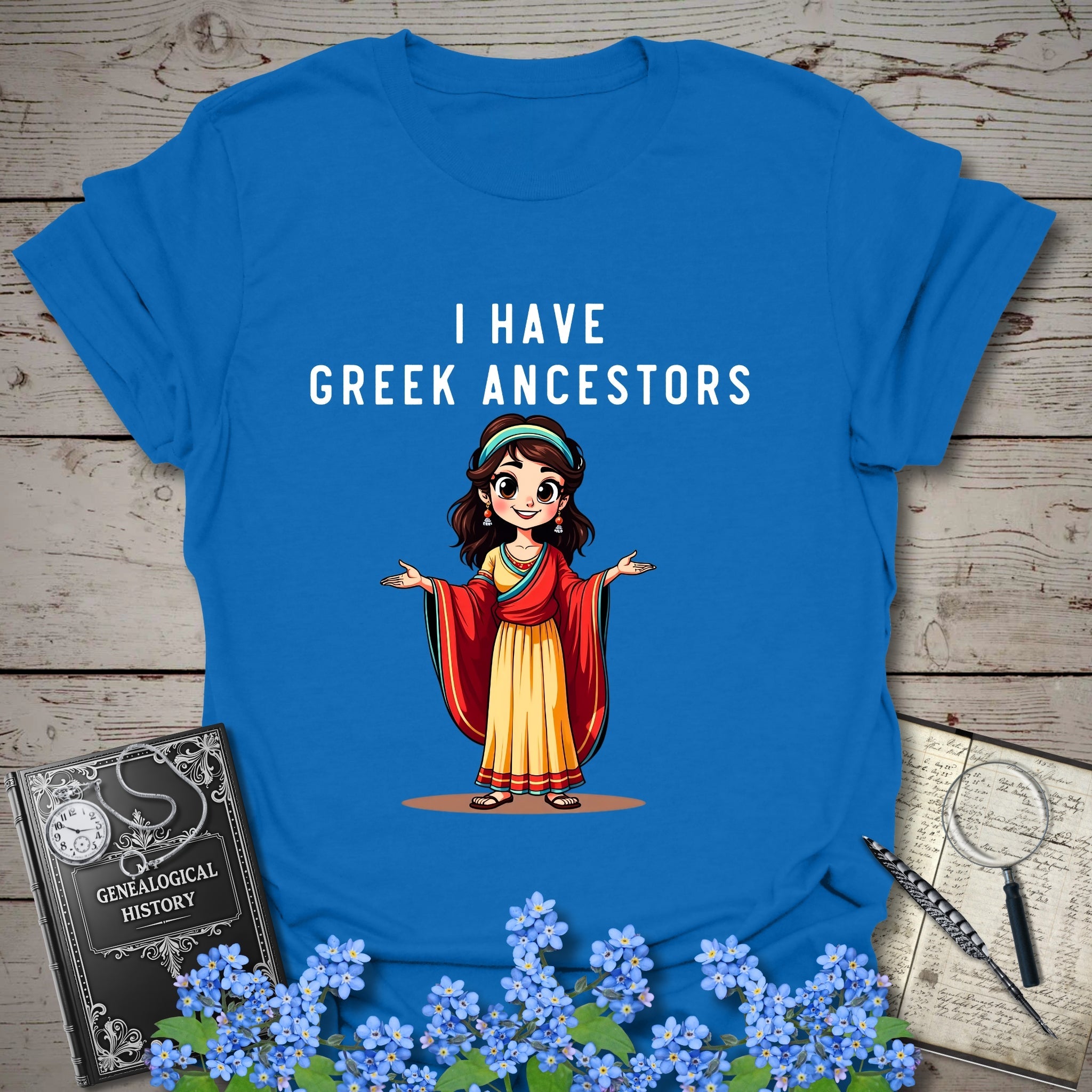I Have Greek Ancestors T-Shirt in Royal by Genealogy Keepsakes