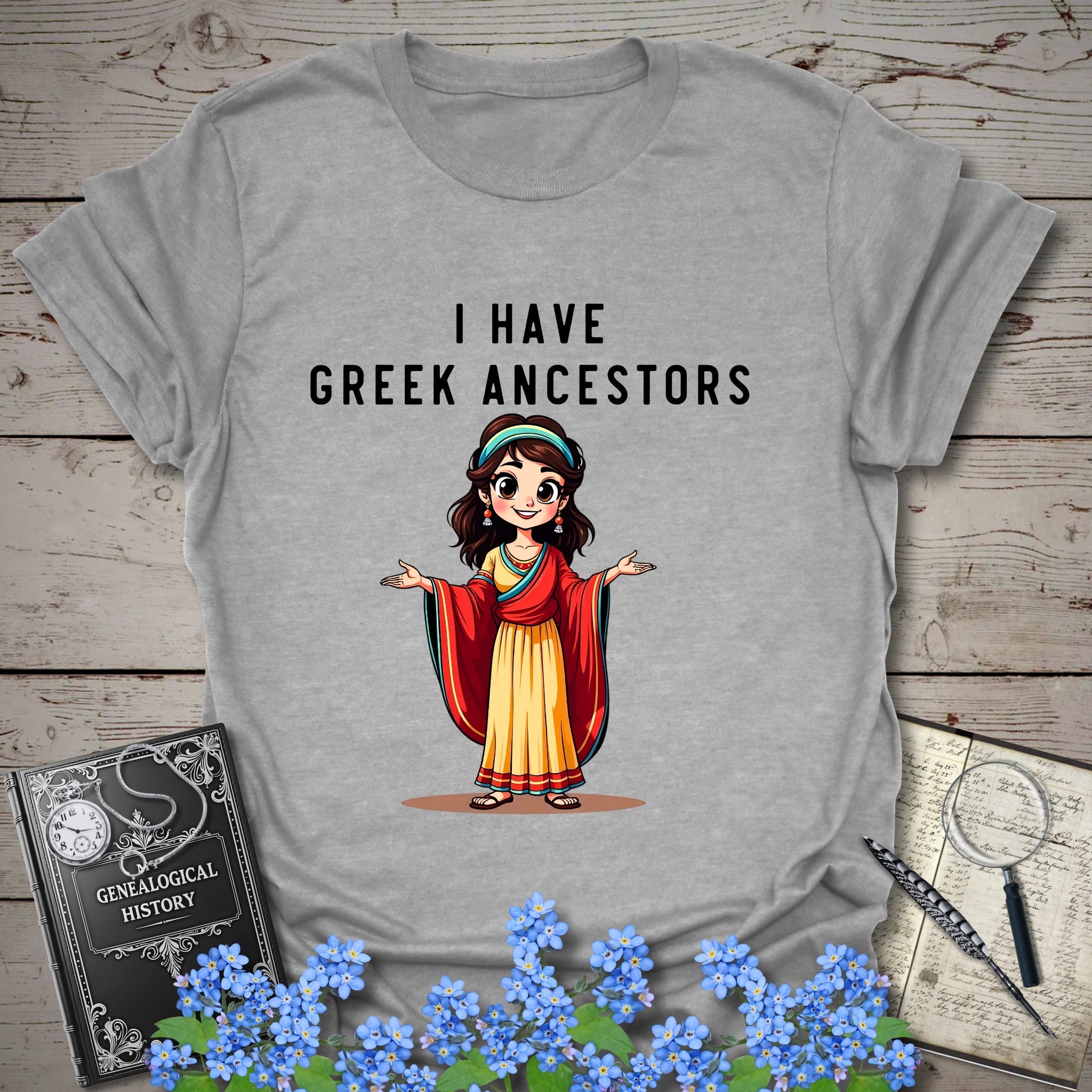 I Have Greek Ancestors T-Shirt in Sport Grey by Genealogy Keepsakes