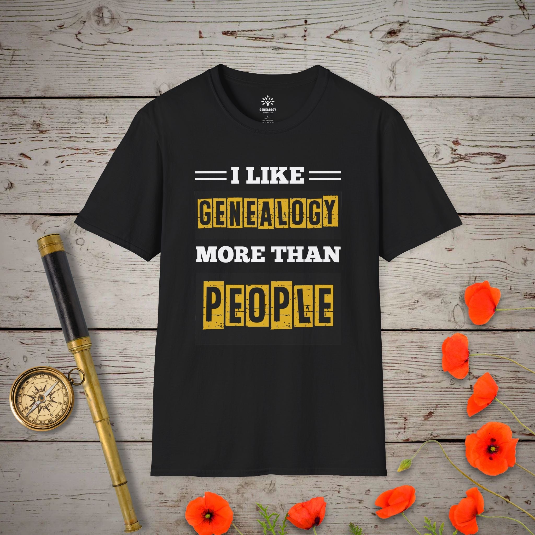 I Like Genealogy More Than People T-Shirt in Black by Genealogy Keepsakes