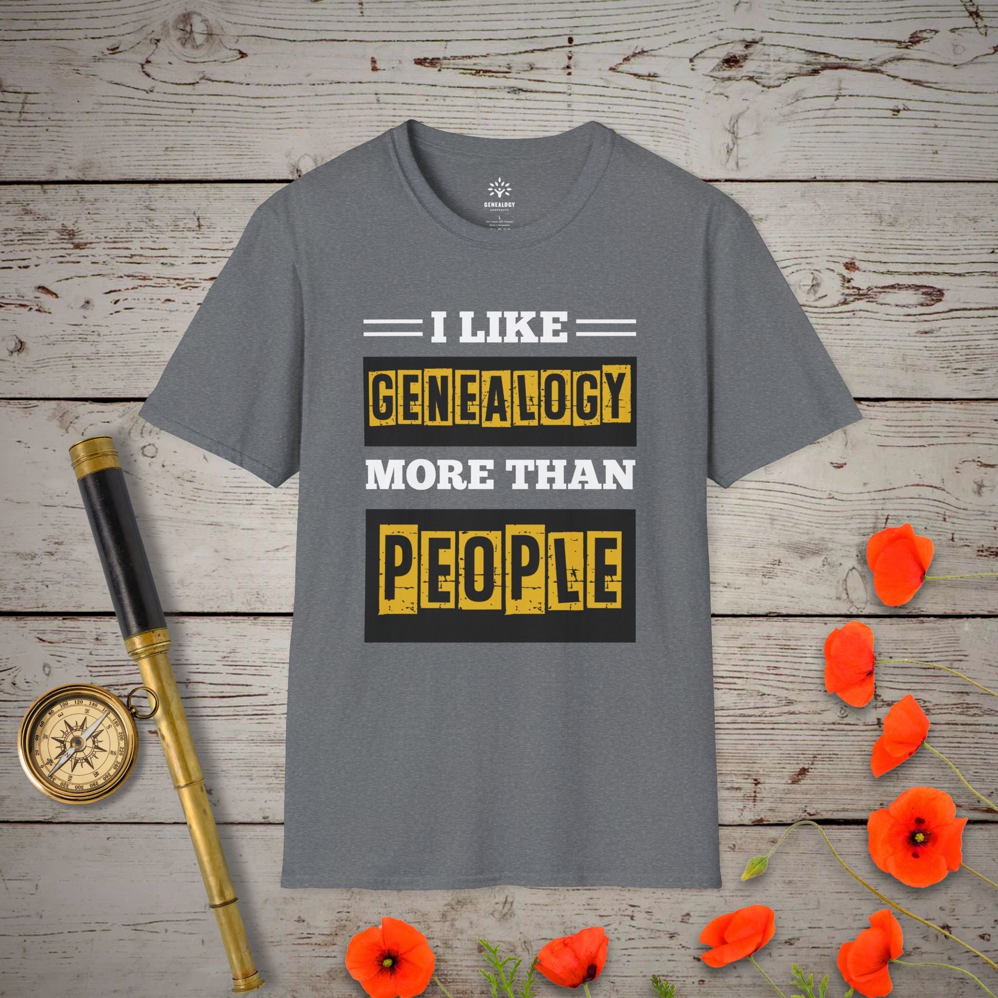 I Like Genealogy More Than People T-Shirt in Graphite Heather by Genealogy Keepsakes