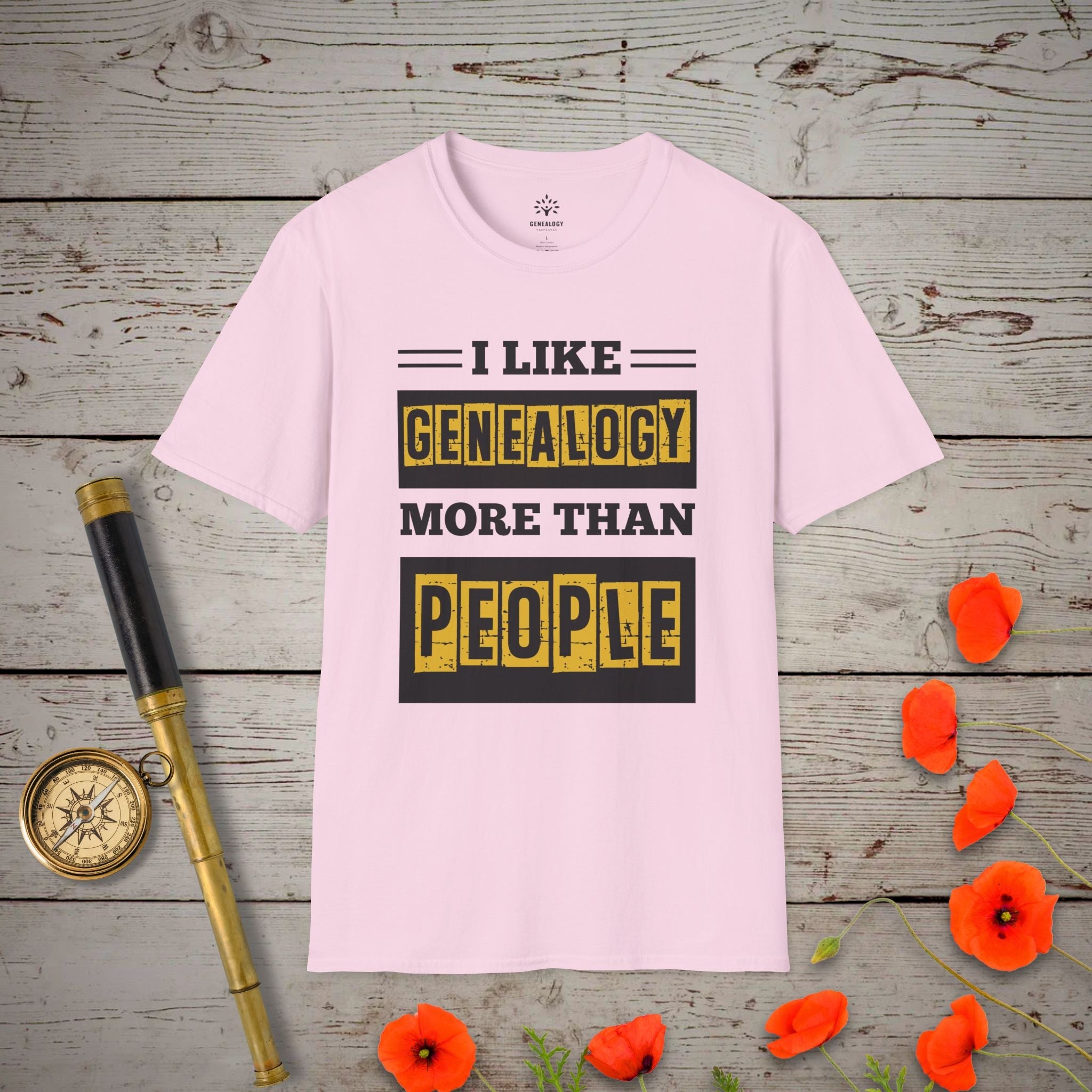 I Like Genealogy More Than People T-Shirt in Light Pink by Genealogy Keepsakes