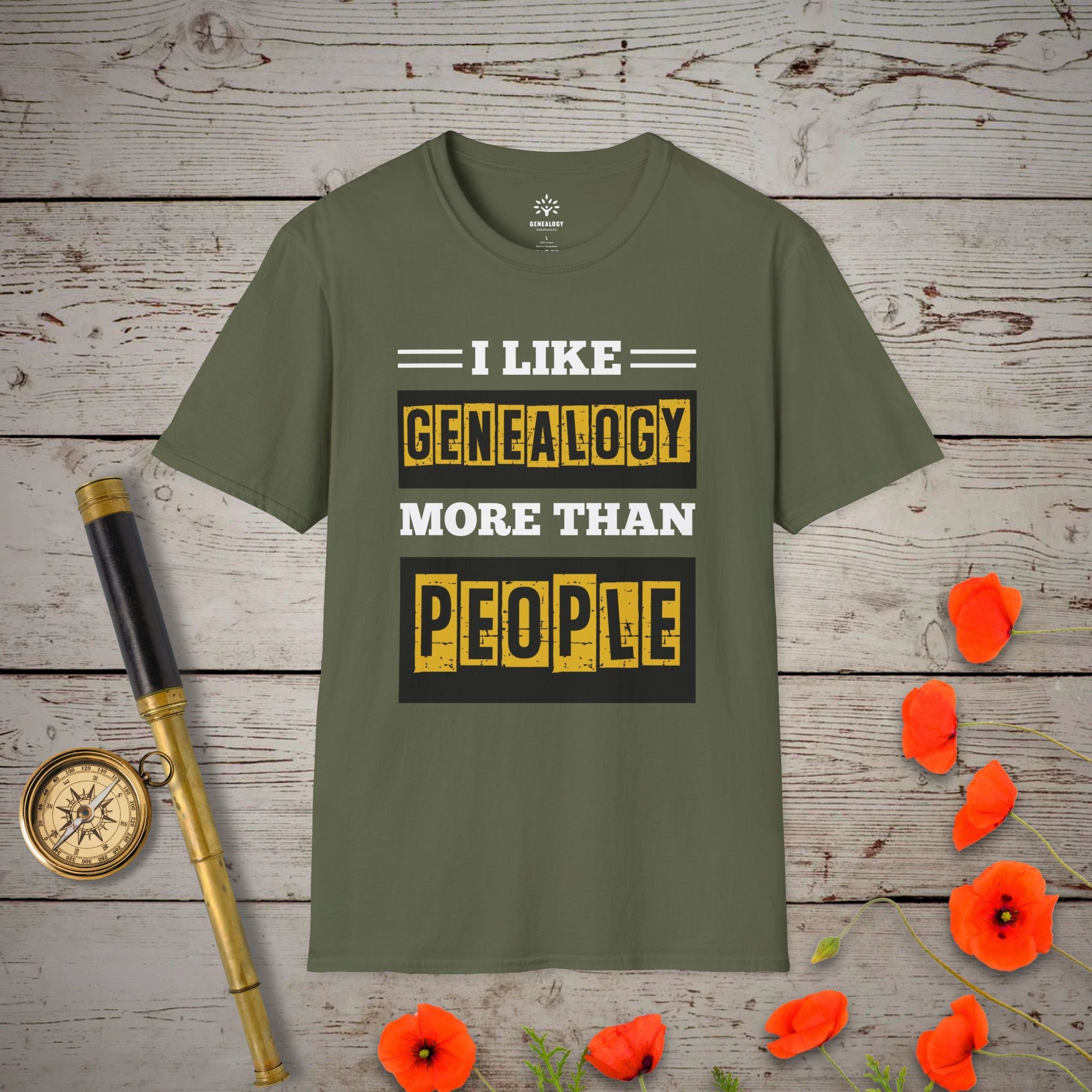 I Like Genealogy More Than People T-Shirt in Military Green by Genealogy Keepsakes
