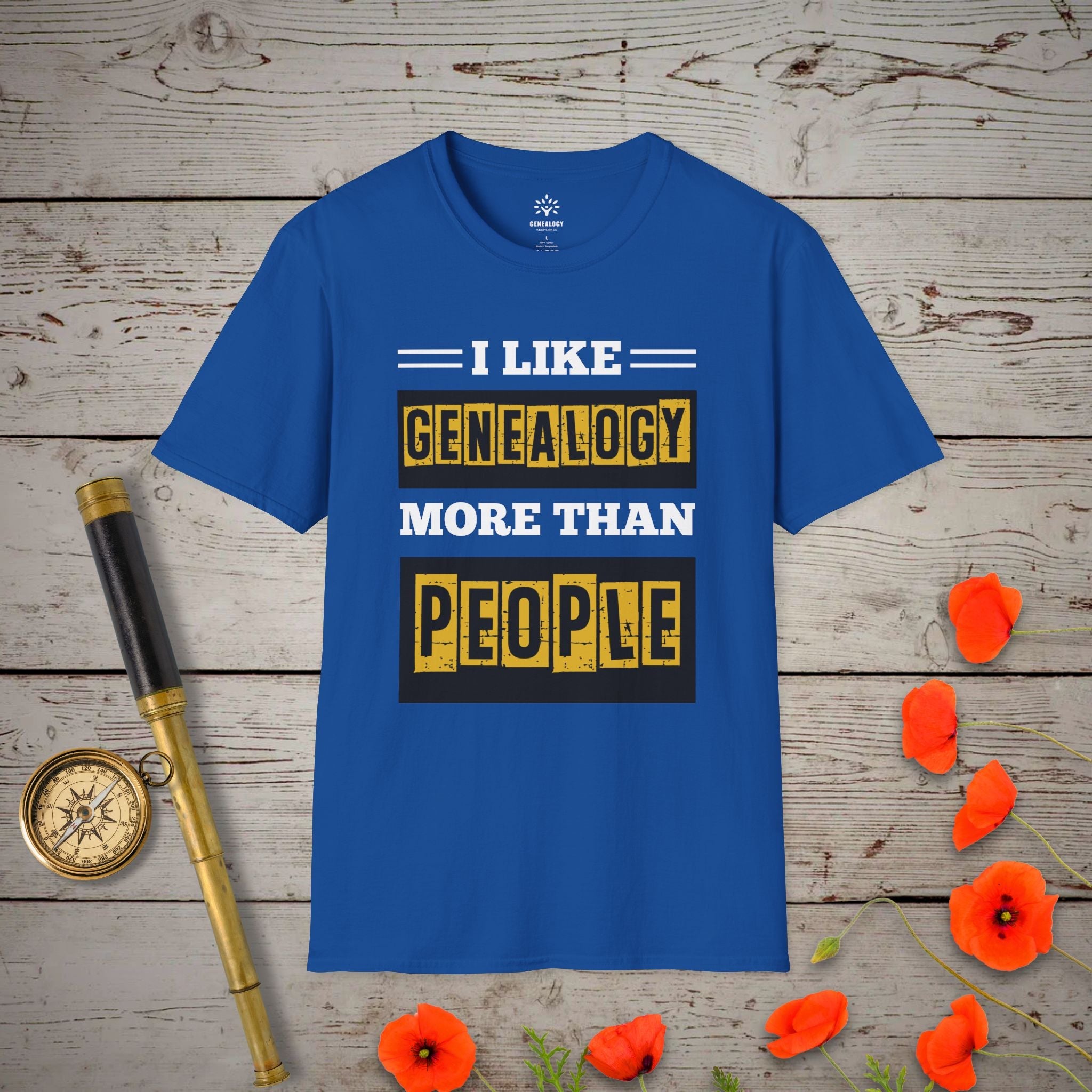 I Like Genealogy More Than People T-Shirt in Royal by Genealogy Keepsakes
