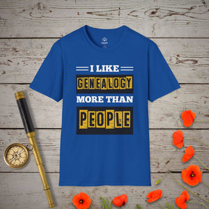 I Like Genealogy More Than People T-Shirt in Royal by Genealogy Keepsakes