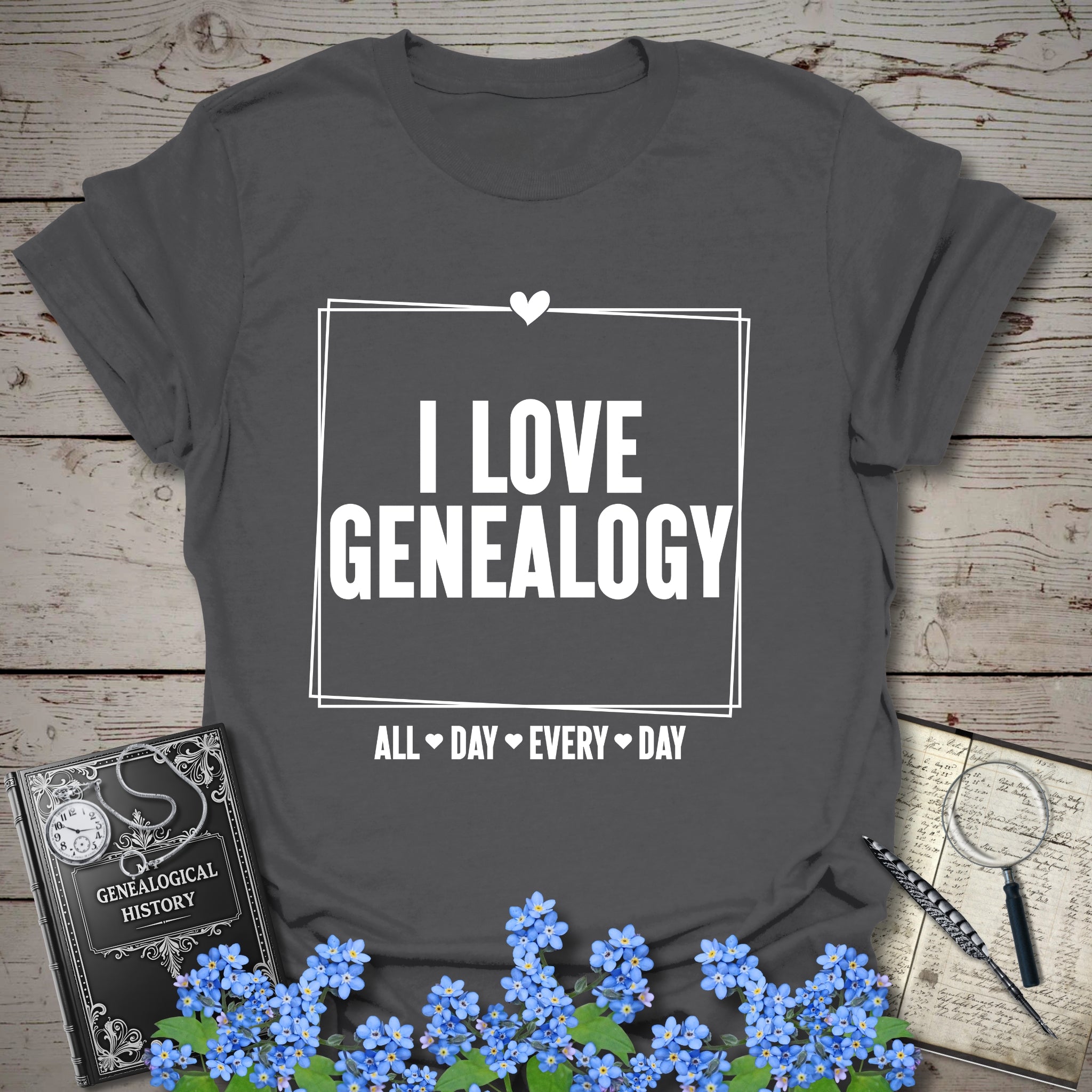I Love Genealogy All Day T-Shirt in Charcoal by Genealogy Keepsakes