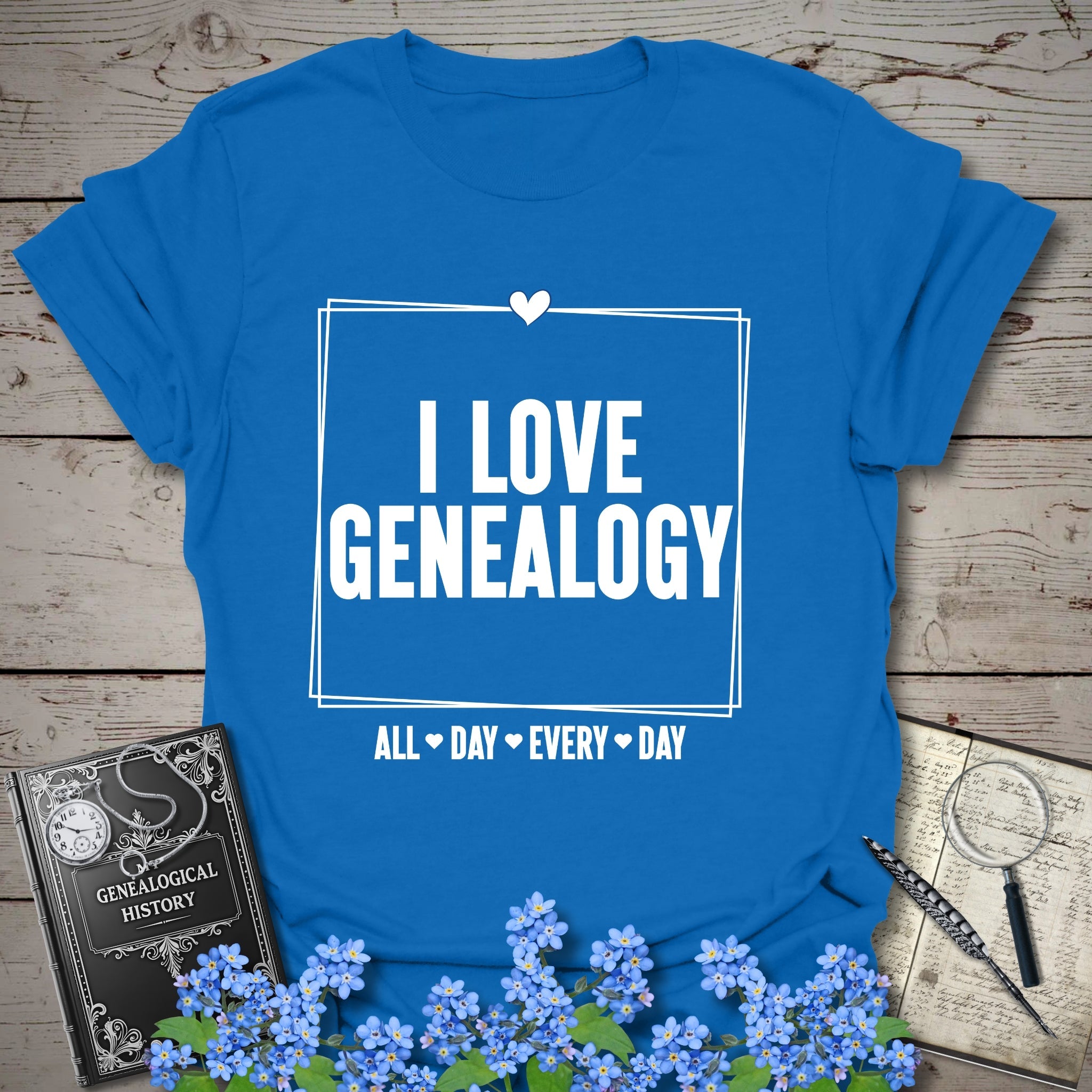 I Love Genealogy All Day T-Shirt in Royal by Genealogy Keepsakes
