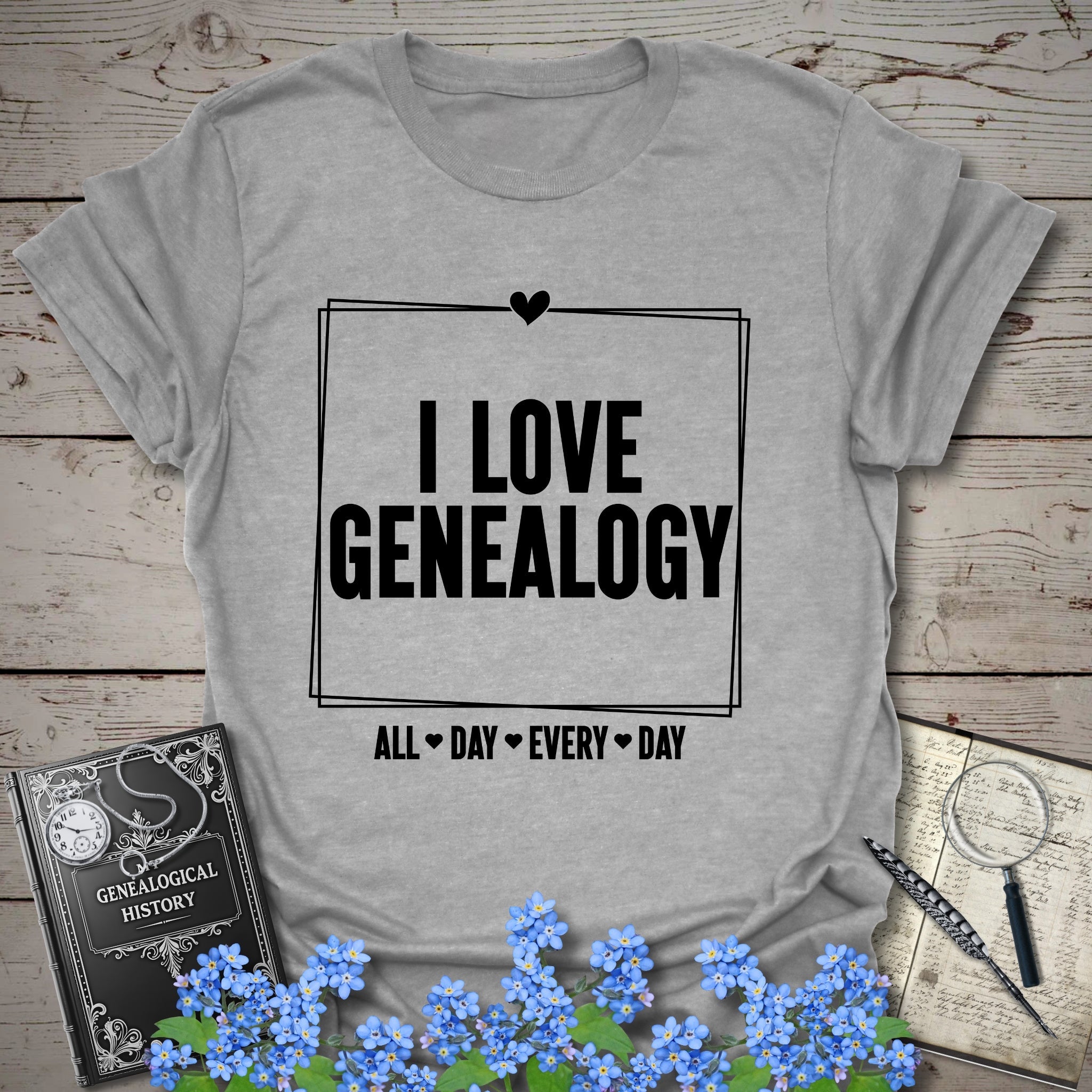 I Love Genealogy All Day T-Shirt in Sport Grey by Genealogy Keepsakes