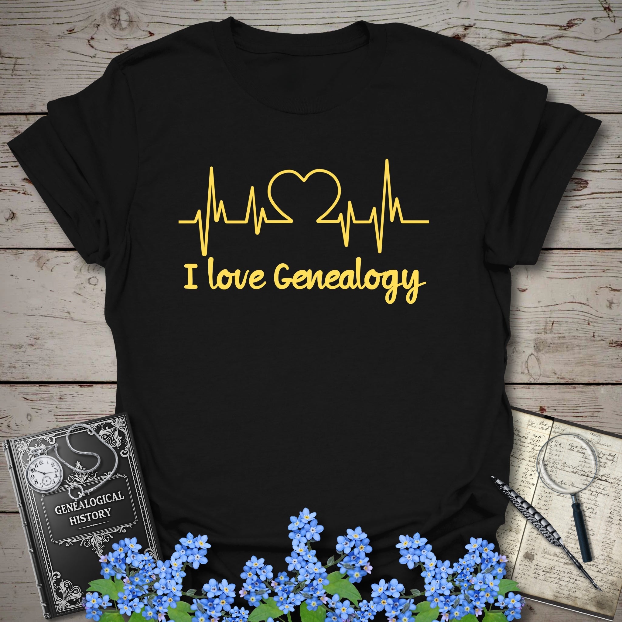 I Love Genealogy T-Shirt in Black by Genealogy Keepsakes