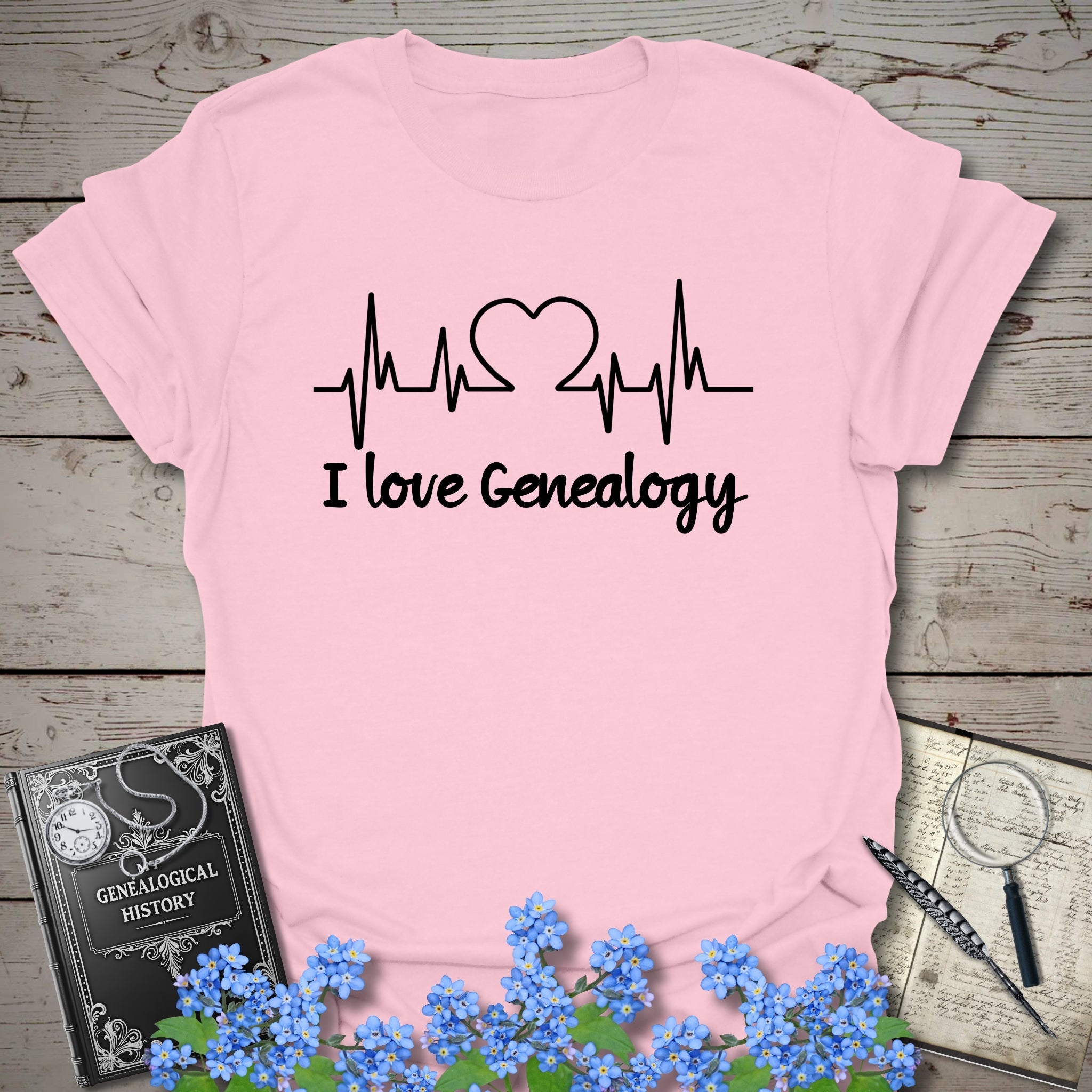 I Love Genealogy T-Shirt in Light Pink by Genealogy Keepsakes